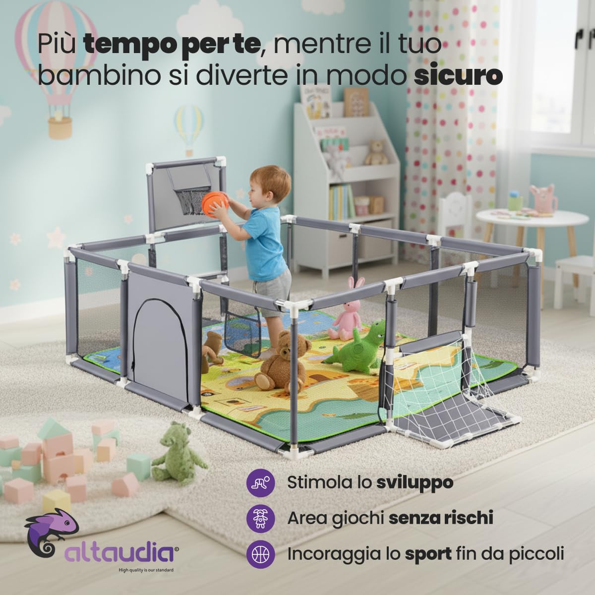 Recinto per Bambini + Tappeto da Gioco + Palla da Calcio e Basket - Box Pieghevole 180 x 120 x 65cm - Parco Giochi con Rete Traspirante - Colore Grigio