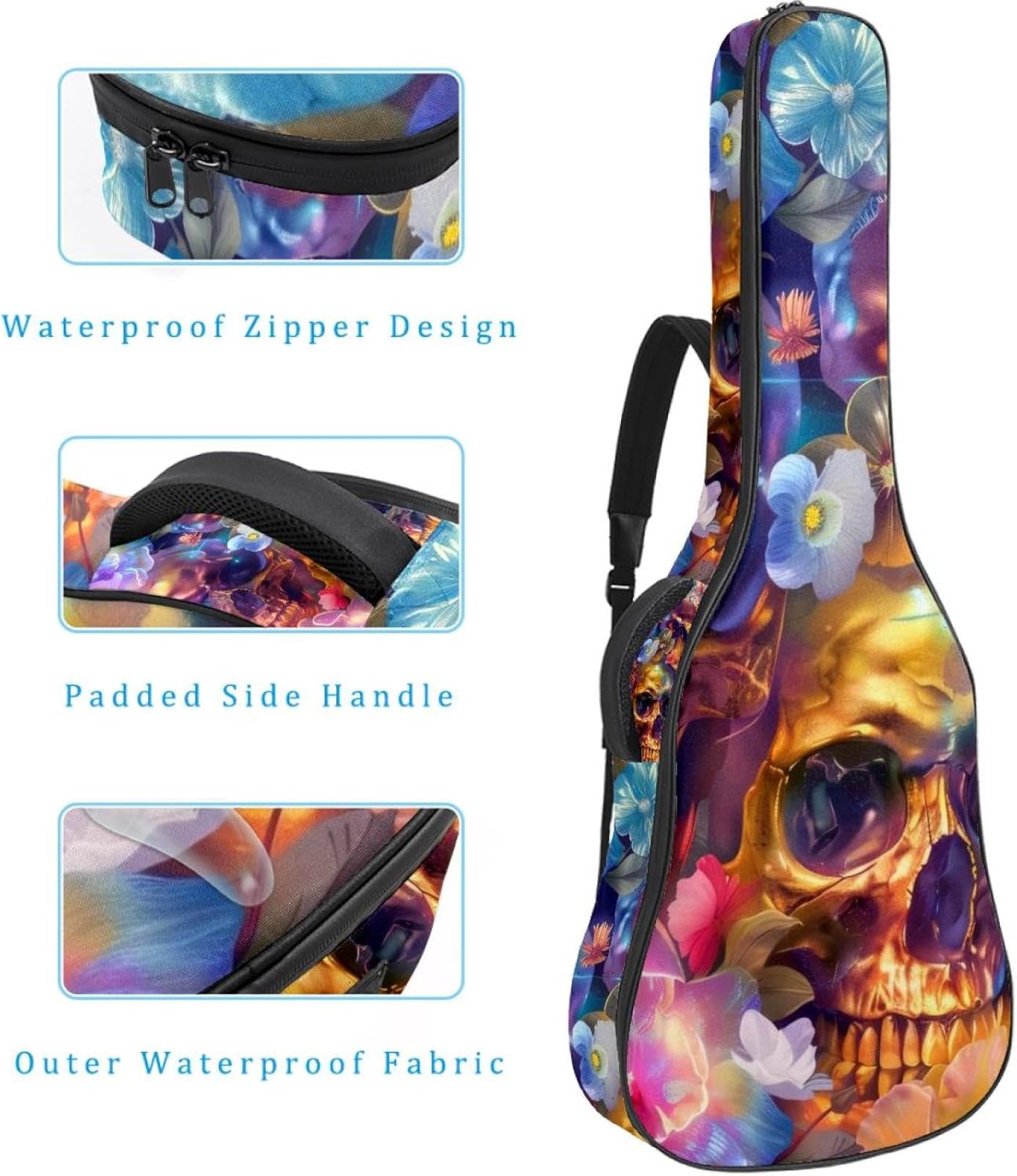 40 41 42 Inch Guitar Bags, Waterproof Padded Acoustic Guitar Case Backpack with Adjustable Shoulder Strap & Pockets, Colorful Skulls and Flowers