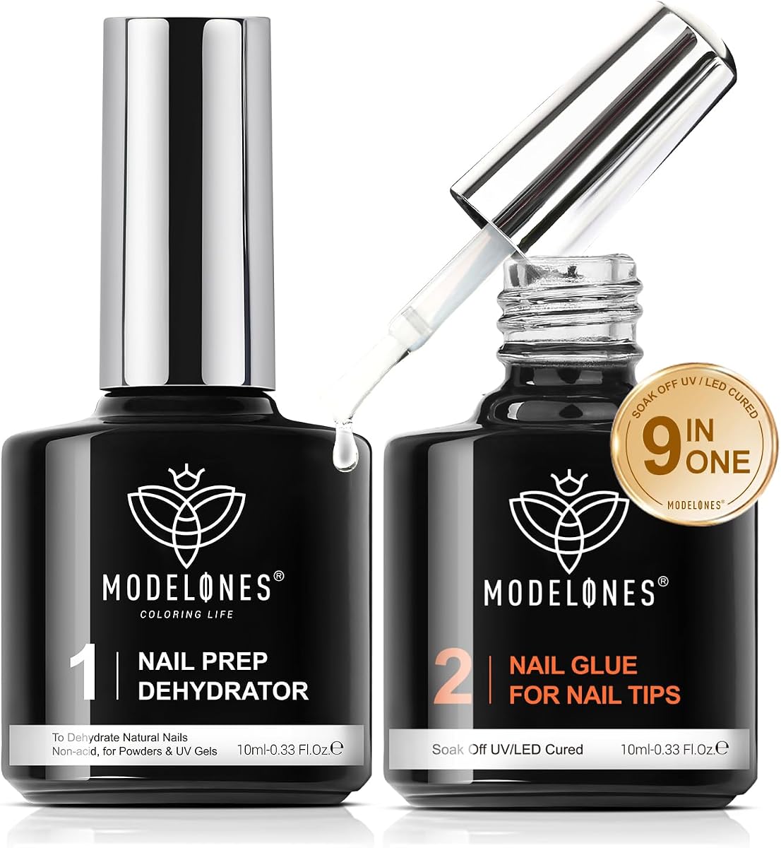 9-in-One X Nail Gel Glue Prep Dehydrator Set for Nail Tips | Nail Glue Kit Works for False Press Ons Acrylic Bond Base Adhesive Blooming Gel U V Cured Long Lasting Home Nail Art Manicure