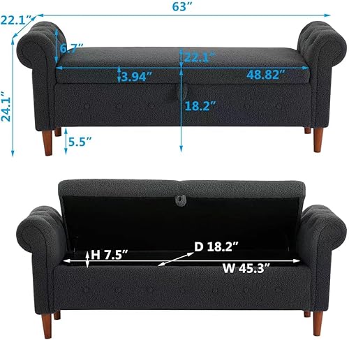 Miniatura 43 de Aoowow Banco de almacenamiento de 63 pulgadas para dormitorio, extremo de la cama, sofá otomano enrollado de tela de terciopelo armado, banco largo