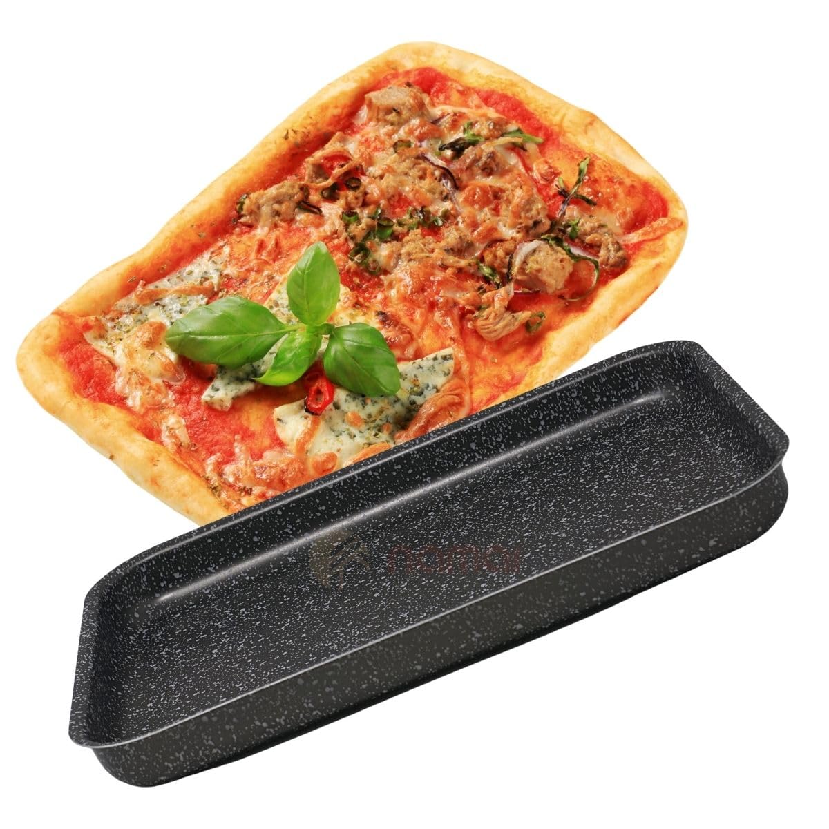 NAMAI - Teglia Pizza Rettangolare, 41CM x 29 CM, Alluminio Resistente e Duraturo, Antiaderente, Design Effetto Pietra, Made In Italy