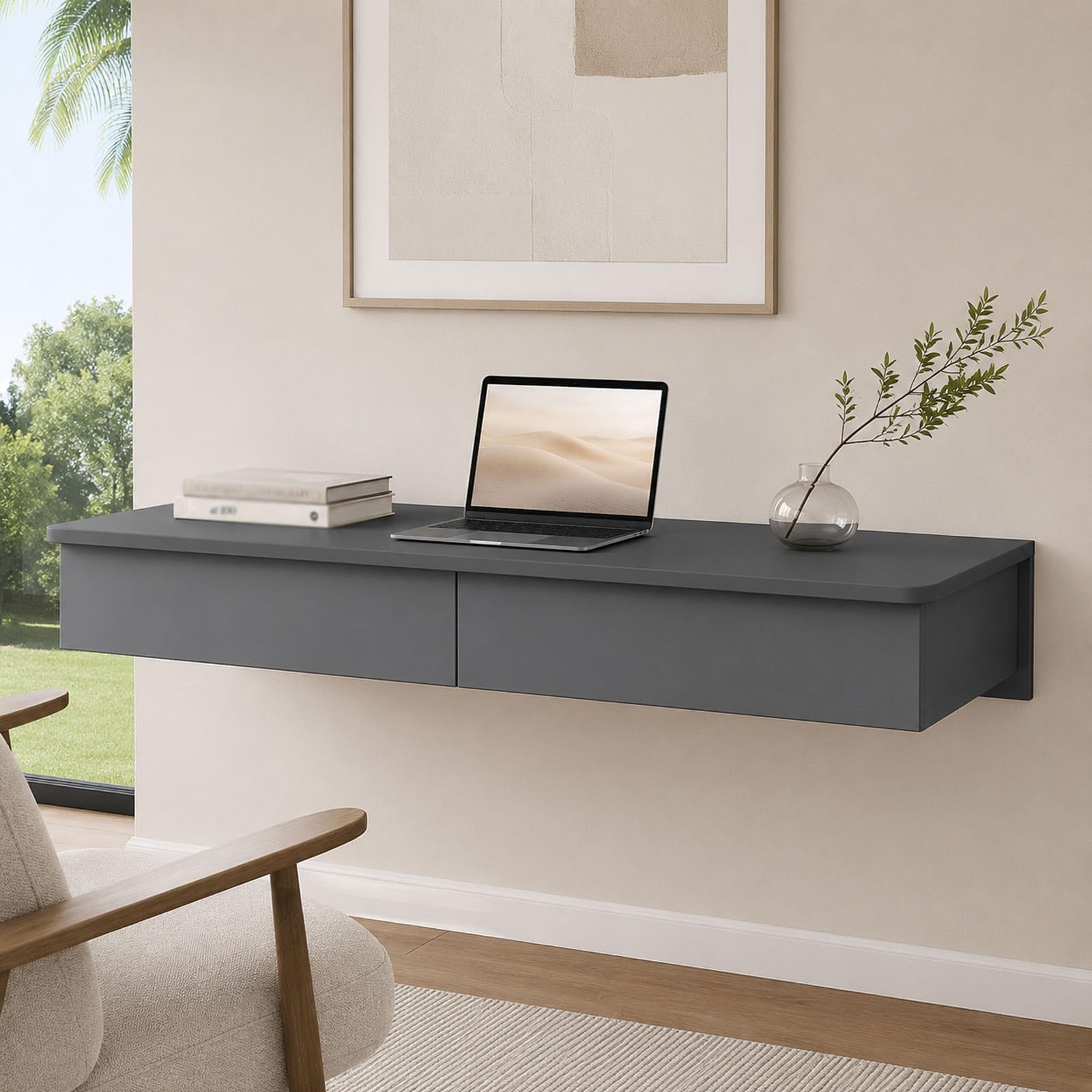 Bureau flottant mural gris 80x40cm avec rangement compact pour studio