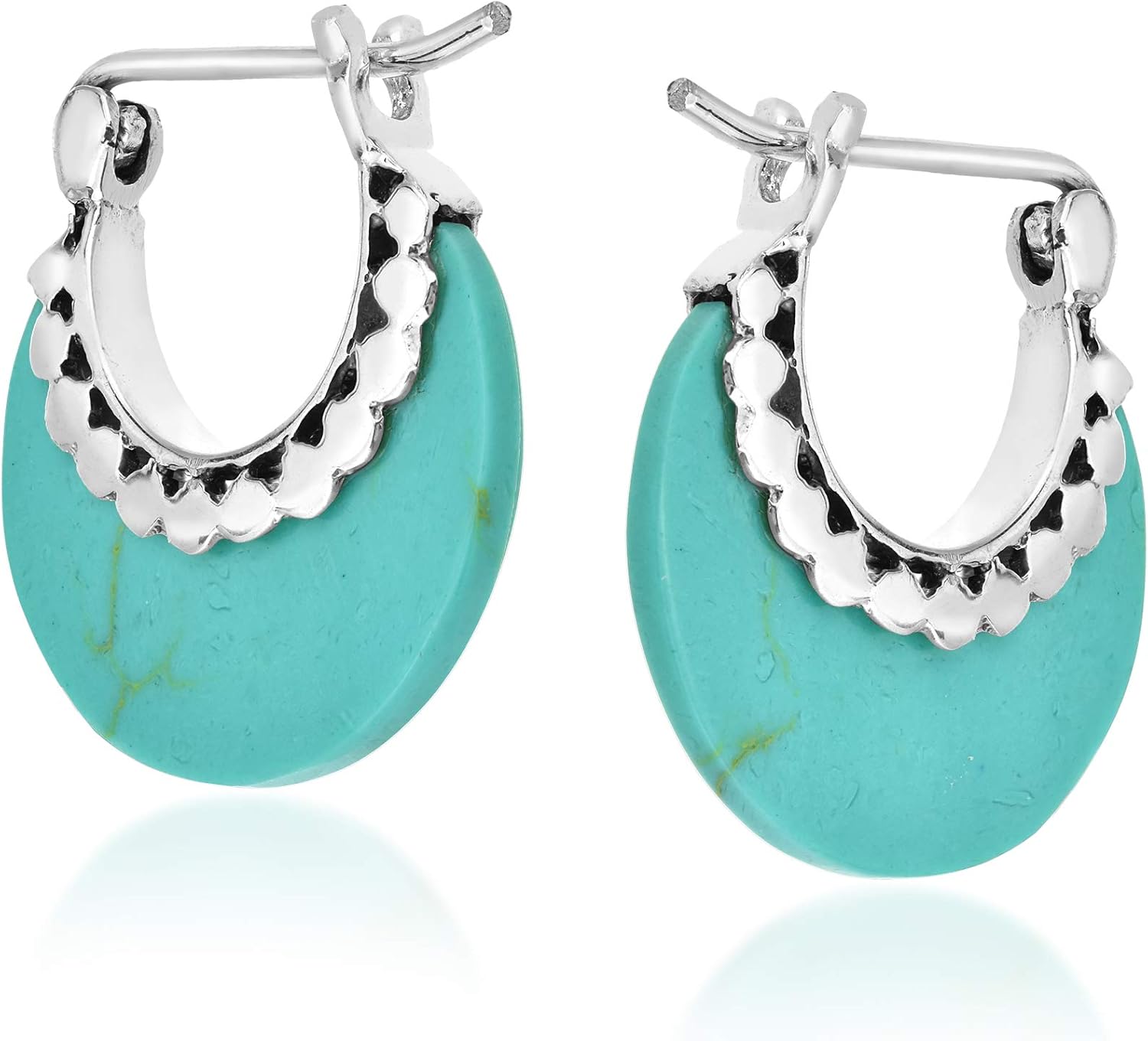 AeraVida Rounded Moon Simulated Green Turquoise .925 Sterling Silver Huggie Hoop Earrings | Green Turquoise Sterling Silver Earrings | Huggie Hoop Earrings for Women Jewelry Gifts
