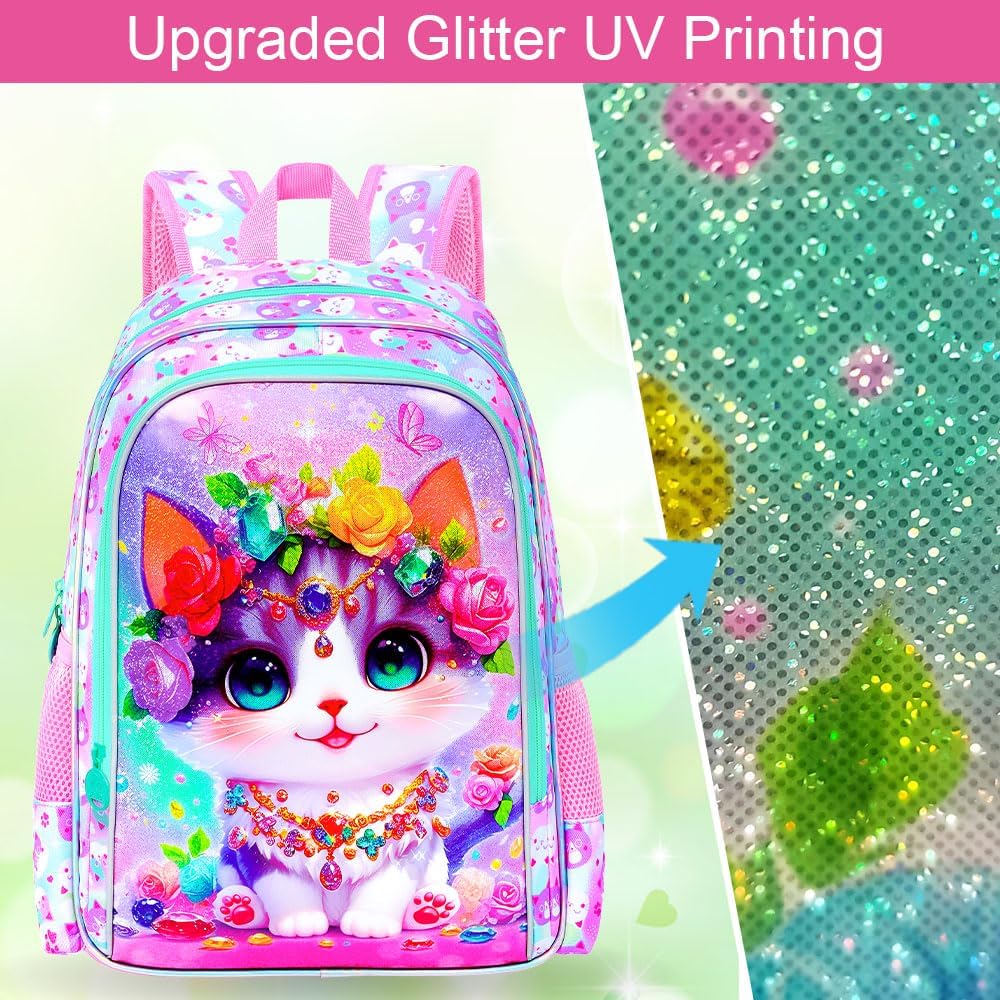 3Pcs Cat Backpack for Girls, 16" Kids School Backpacks with Lunch Box, Bookbag for Elementary Preschool Kindergarten(Pink) - Image 7