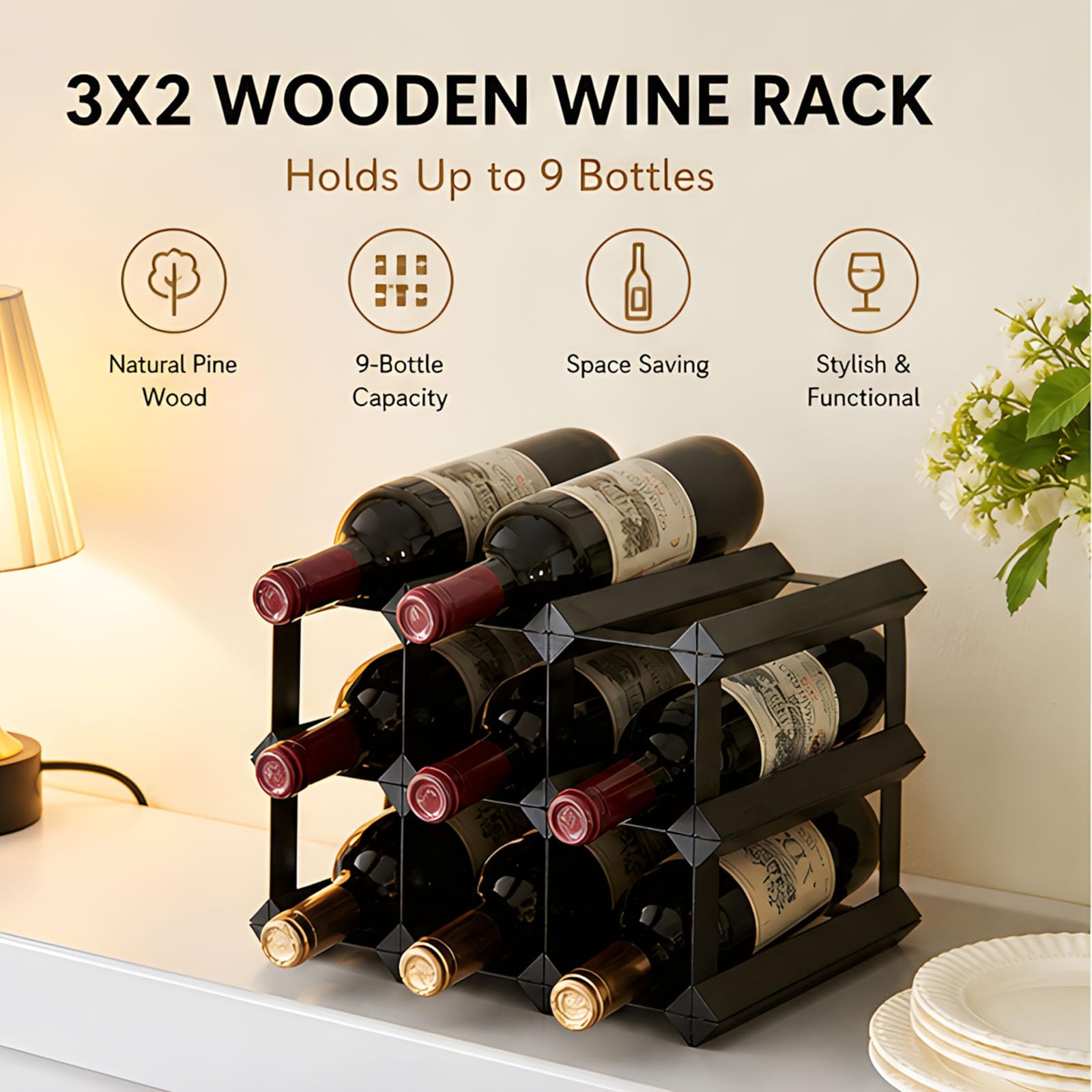 Weinregal aus Holz, freistehender Arbeitsplattenhalter für 9 Flaschen mit offenem Rahmen, horizontale Aufbewahrung für Wein, Eckpräsentationsständer, Thekenorganisator, Tischflaschenhalter, schwarzes