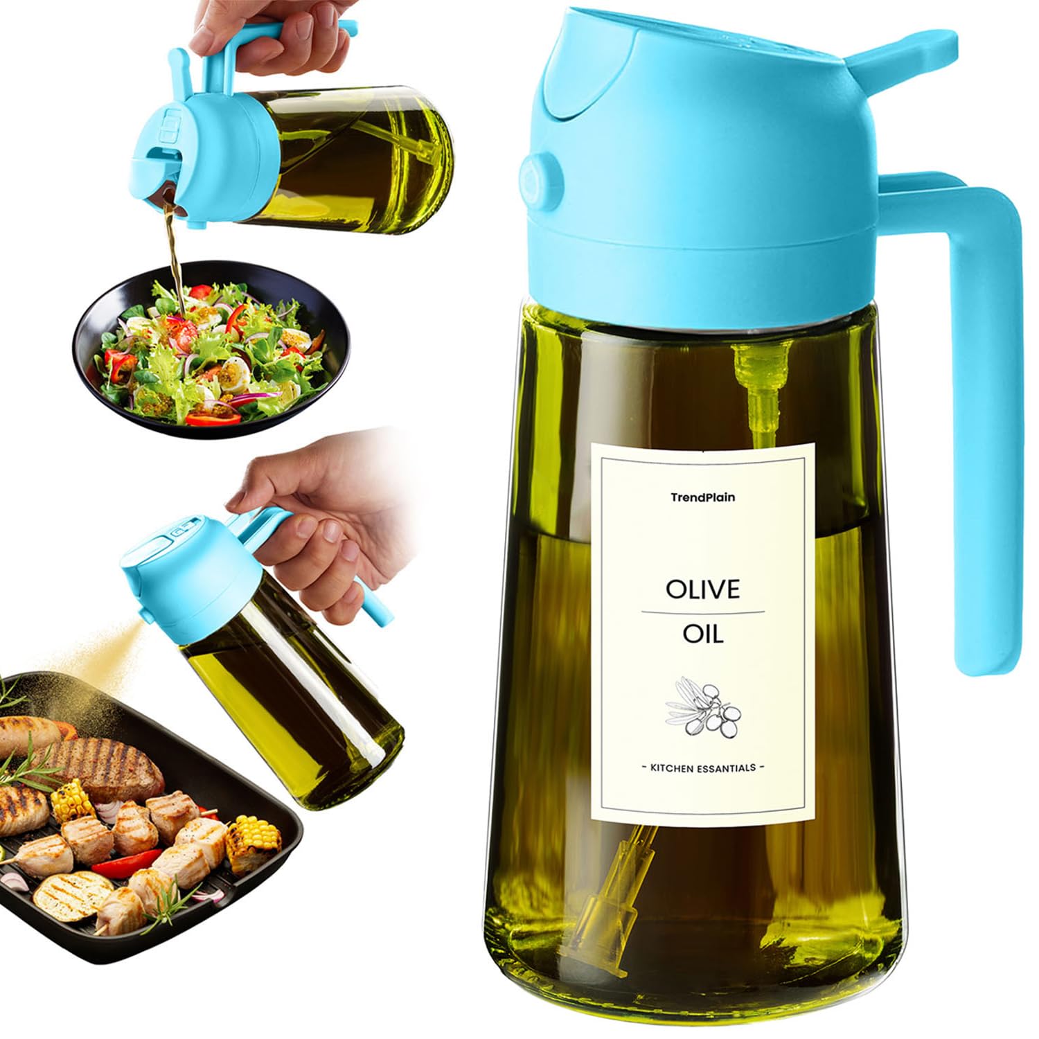 Original 16oz/470ml Olive Oil Dispenser Bottle for Kitchen Gadgets and Air Fryer Accessories - Olive Oil Sprayer for Cooking w/Stickers - Sky Blue