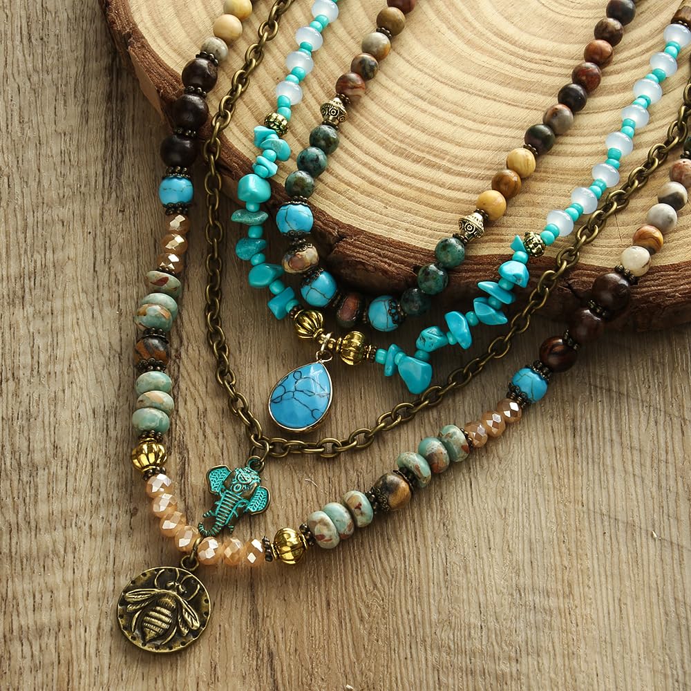 Yomisa Collana da donna alla moda, multistrato con perline, lunga collana da donna, stile bohémien, fatta a mano, con perline naturali, idea regalo