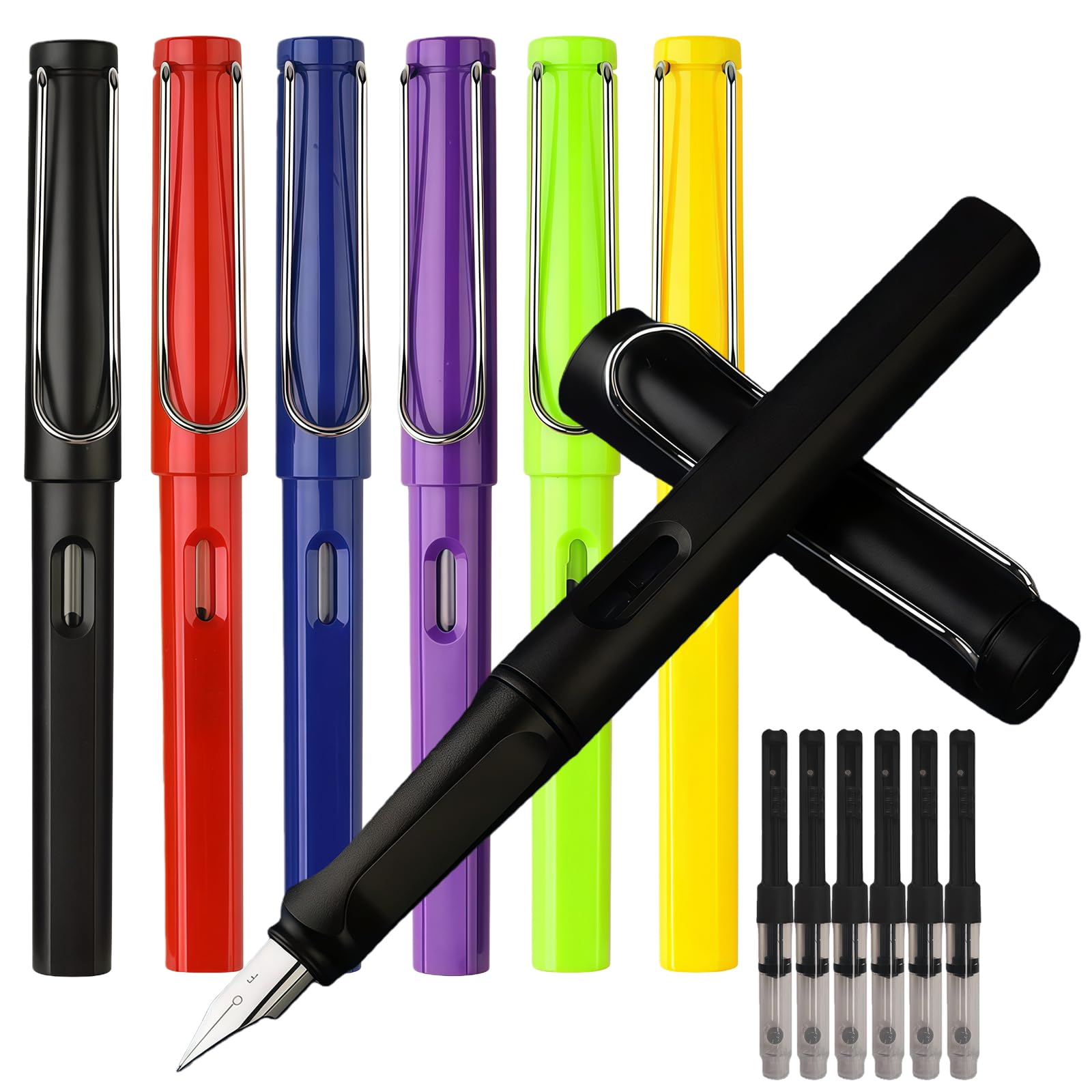 Yolkify Fountain Pen, 6Pcs 0.5mm Fine Nib Refillable Fountain Pen, Non-slip Grip Comfortable to Hold Smooth Writing No Leaking, Fountain Pens for Writing School Office Home
