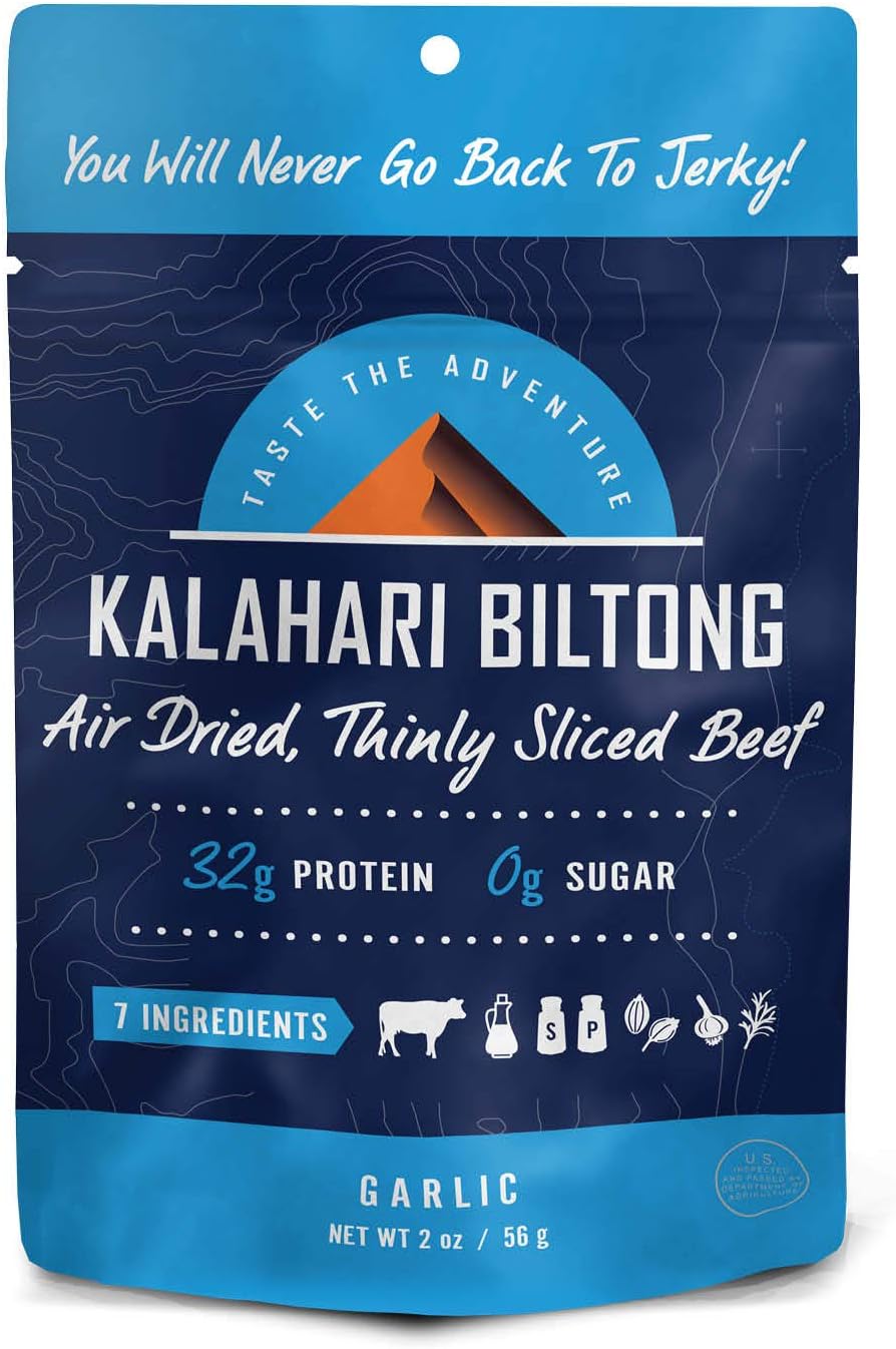 Garlic Kalahari Biltong, Air-Dried Thinly Sliced Beef, 2oz (Pack of 1), Sugar Free, Gluten Free, Keto & Paleo, High Protein Snack