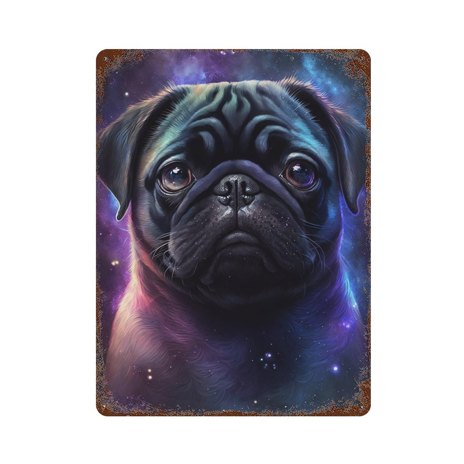 Cosmic Pug Portrait Print-5 Rustic Tin Plaque 15.7"x11.8", Industrial Home Decor for Pub, Kitchen And Man Cave Decor