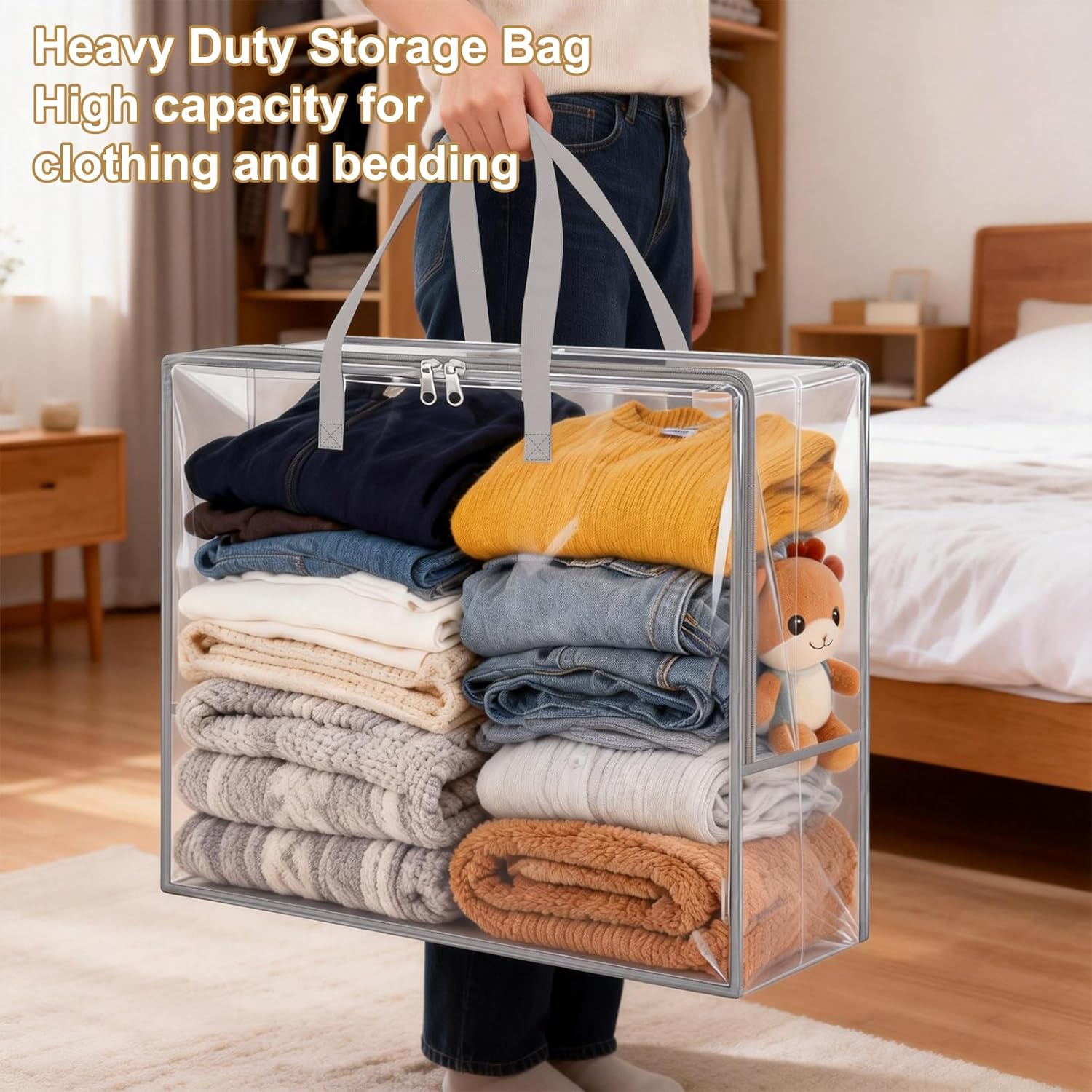 Clear Clothes Storage Bags, 96L Plastic Blanket Comforter Storage Bag, 4 Pack Vinyl Moving Bags,Closet Organizers and Containers for Bedding,Duvet,Toys,Seasonal Clothing,24” Christmas Wreaths,Grey