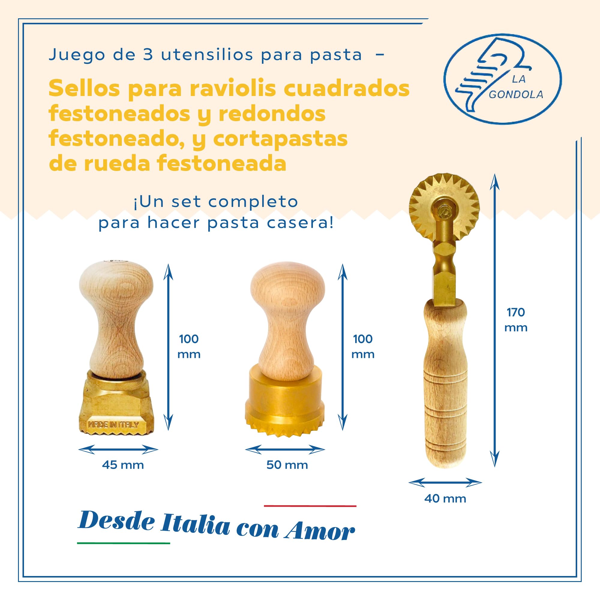 La Gondola Set de 3 Utensilios para Pasta Fresca - Cortador de Raviolis Cuadrado Festoneado 45x55 mm y Redondo Festoneado 50 mm y Cortador de Rueda Doble | Cortapastas de Latón y Madera Natural