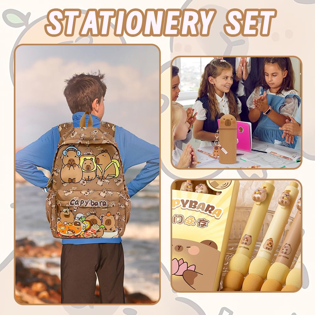 Capybara Backpack Kids, Mochila Capybara Escolar Schoolbag Gran Capacidad Capibara Boligrafos Borrable de Animales,Capibara Estuche De Silicona Suave & Llaveros Portalápices Regalo para Niños