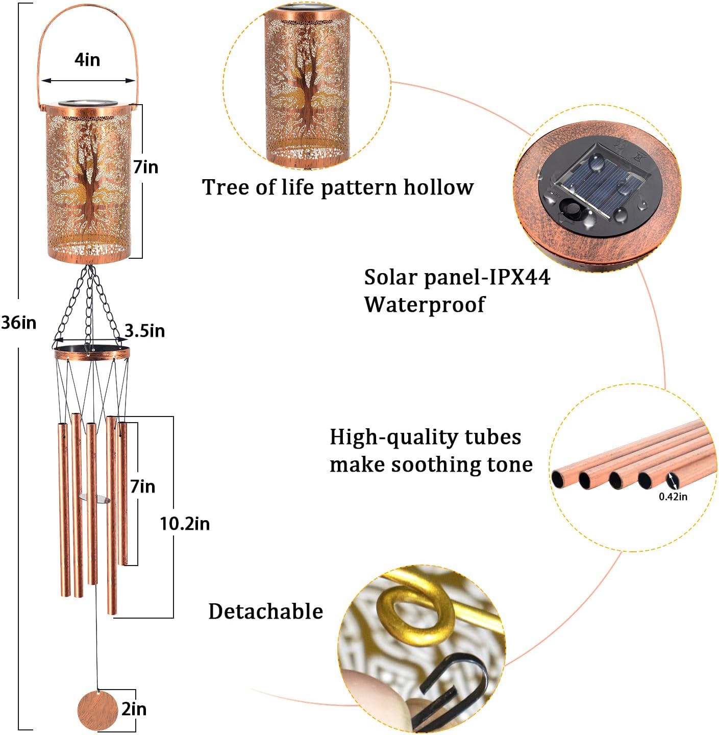 36" Solar Wind Chimes Hanging Lights Outdoor Detachable Led Lantern Metal Wind Chimes for Outside Unique Tree Life Garden Hanging Solar Decorative as Gift for Mom Women Grandma (Bronze)