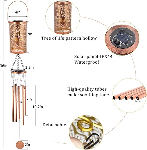 Miniatura 3 de Campanillas de viento solares de 36 pulgadas, luces colgantes para exteriores, linterna LED desmontable, campanillas de viento de metal para