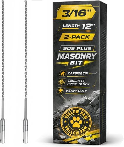 3/16 Inch SDS Plus Masonry Drill Bit for Concrete & Brick (2 Pack - 12" Length - Industrial Grade) Fits All SDS Rotary Hammers - Carbide Tipped for Cement, Stone, Block, & More