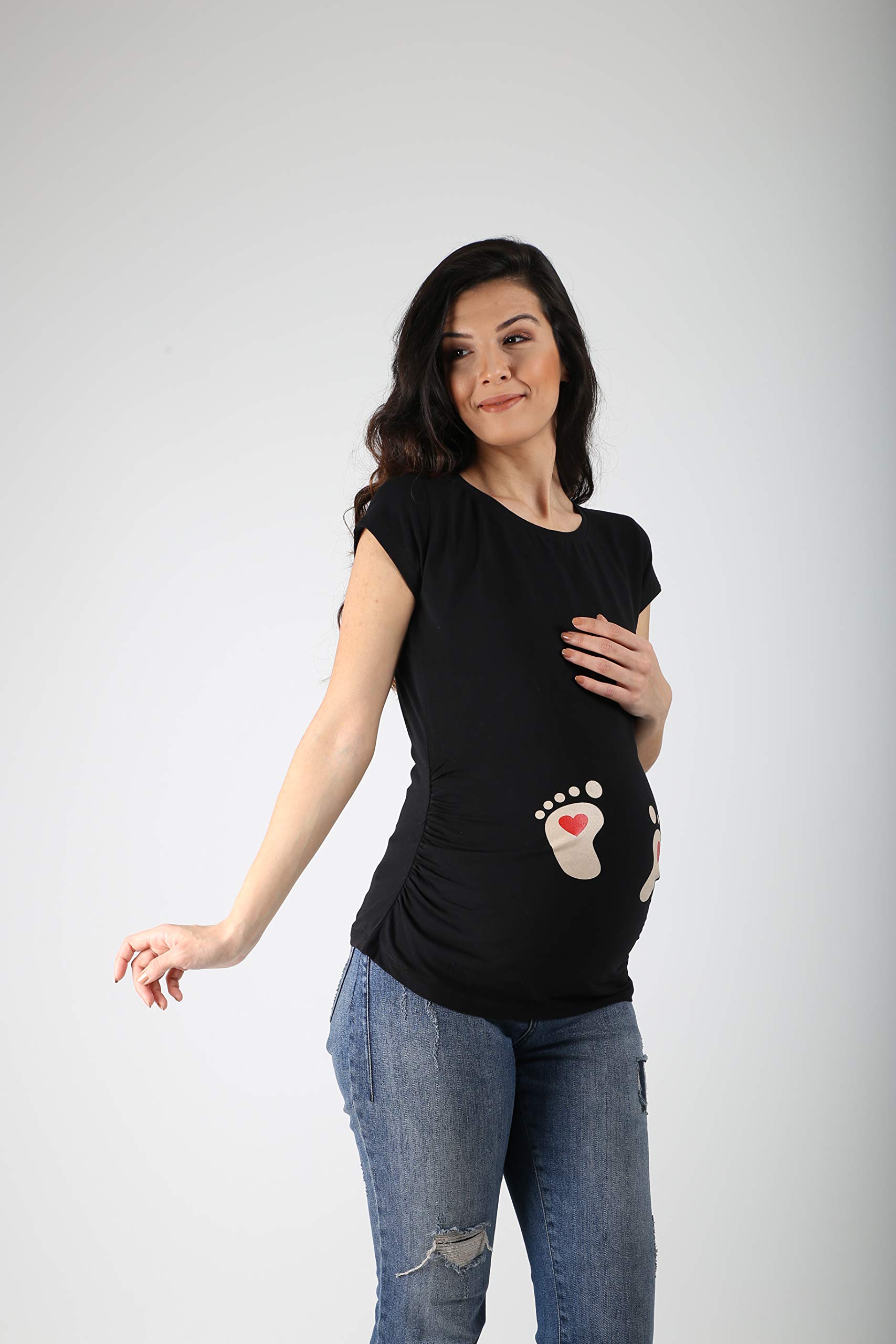 Empreintes de pieds pour bébé avec cœur - Mode de grossesse amusante et mignonne avec motif - T-shirt de grossesse pour la grossesse - Manches courtes