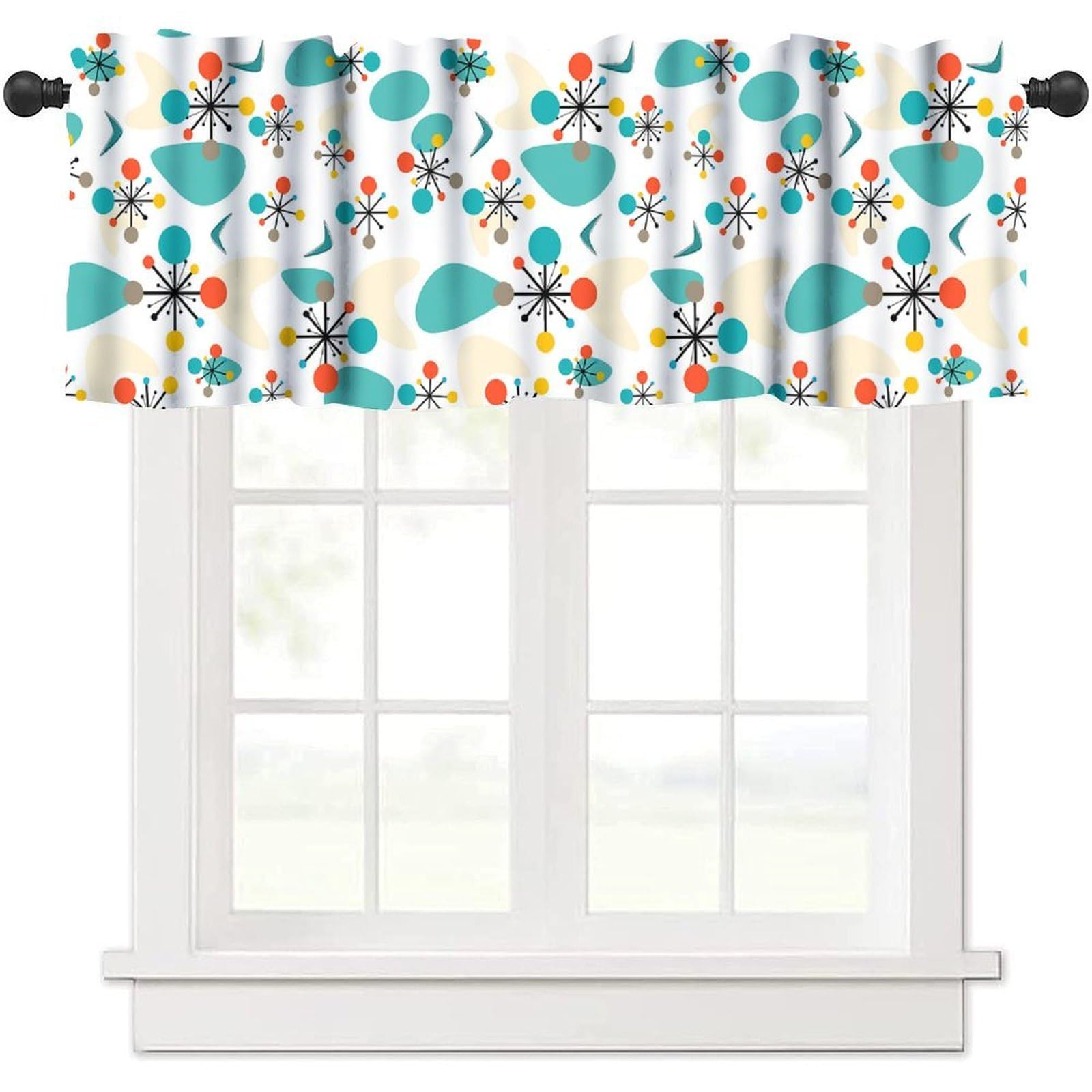 Mid Century Modern Kitchen Valance Curtains, Retro Atomic Starburst Abstract Geometric Pattern 1950S 60S Vintage Window Curtain Valance for Bedroom Living Room 54x18inch