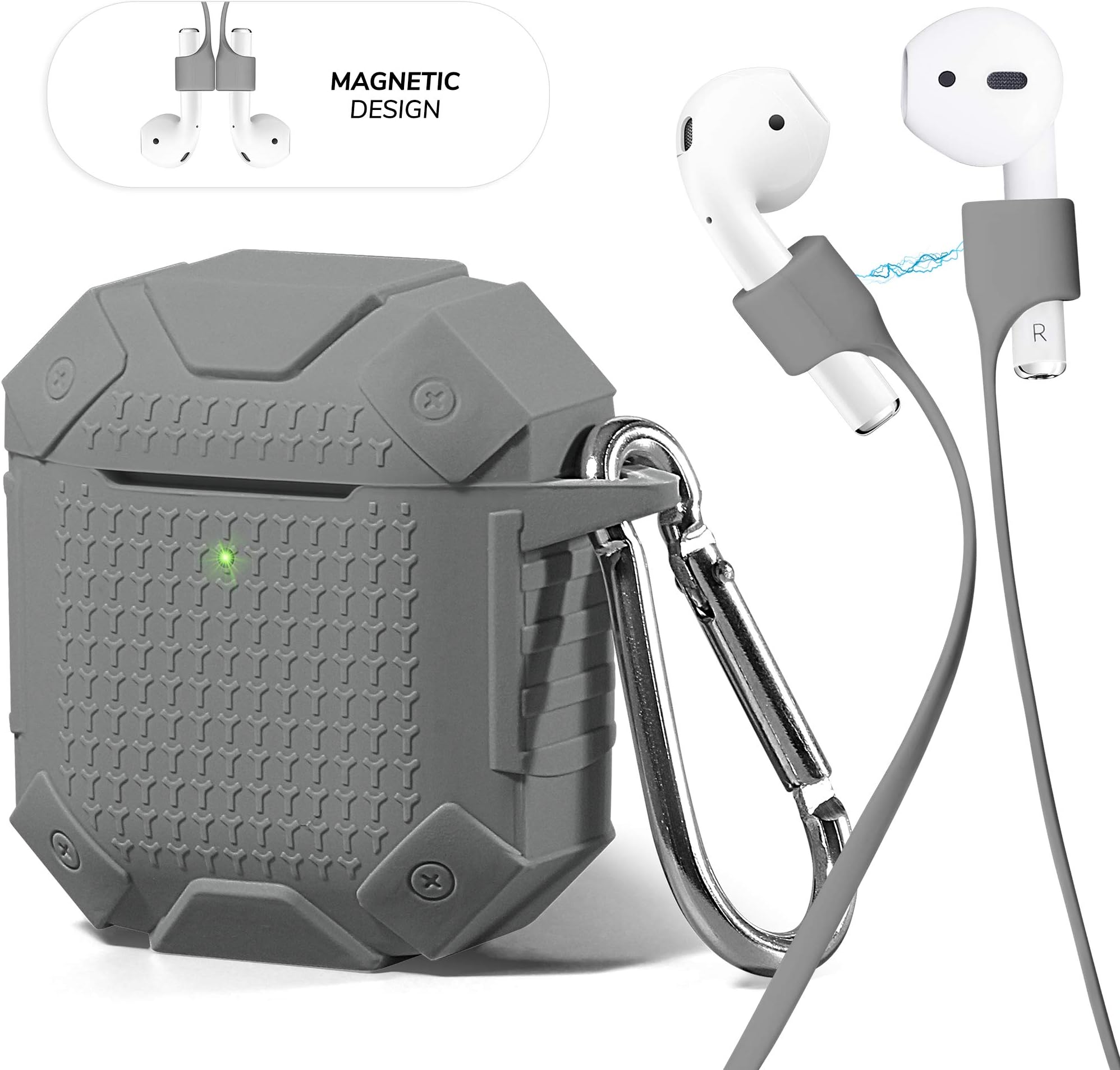 AirPod Case Accessories Set, [Front LED Visible] Protective Silicone Rugged Armor Cover Skin with Keychain, Ear Hook, Magnetic Strap for Apple AirPods 1 & 2 Earbuds Wireless Charging Case, Grey