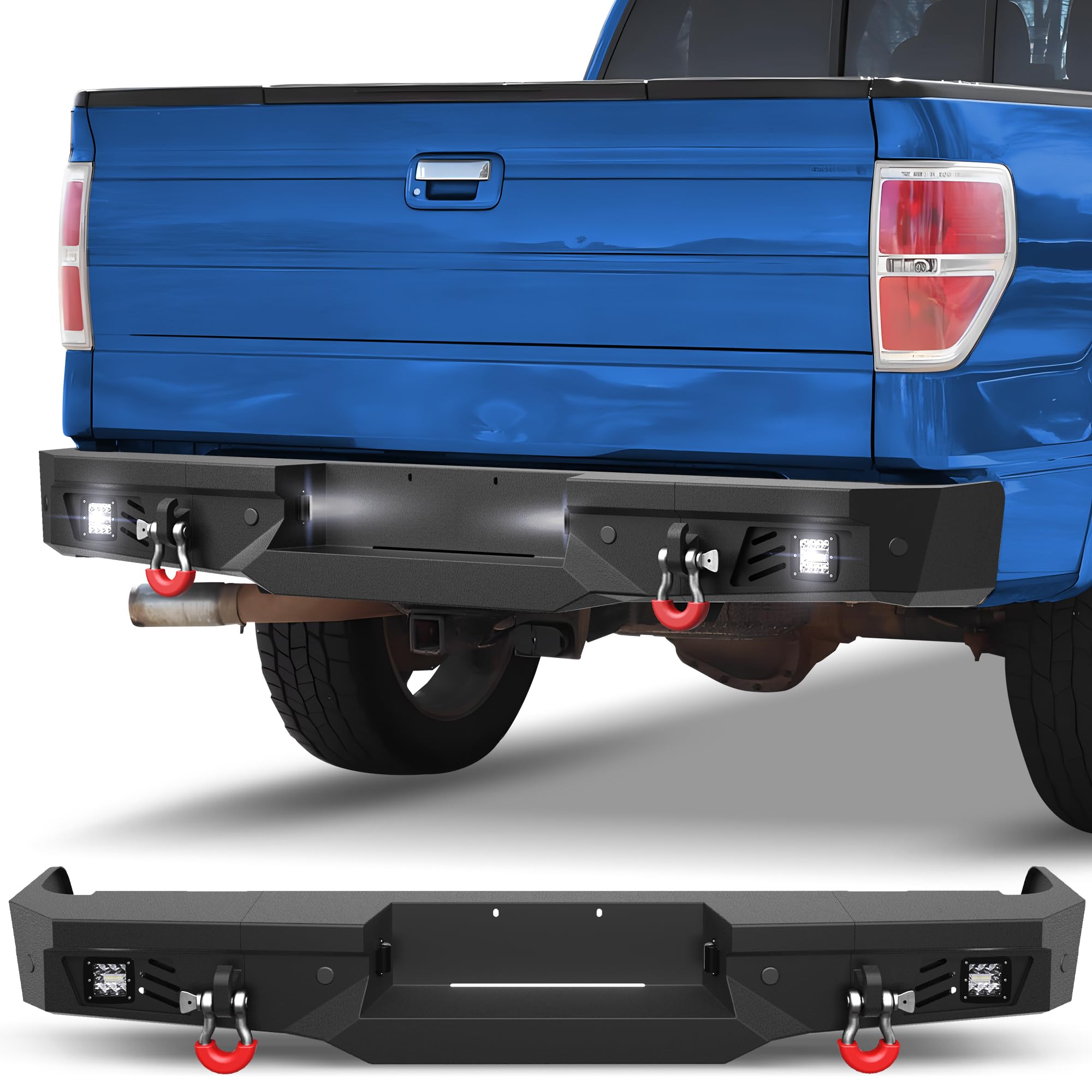 POFENZE Full Width Rear Bumper for 2009-2014 Ford F150 with LED Lights and Step Plate