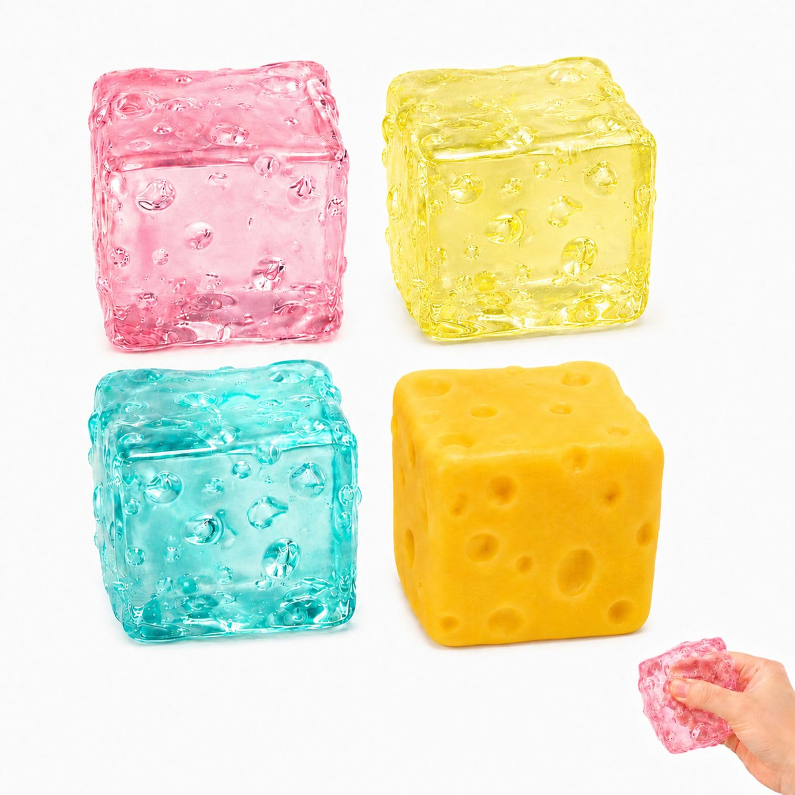 CAWRUKP 4 PCS Cheese Squishy Set, Soft Rebound Cheese Design, 3.5 Cm Desktop Accessories in Blue, Pink, Malt Yellow and Flour Yellow Colours, Office and Home Use