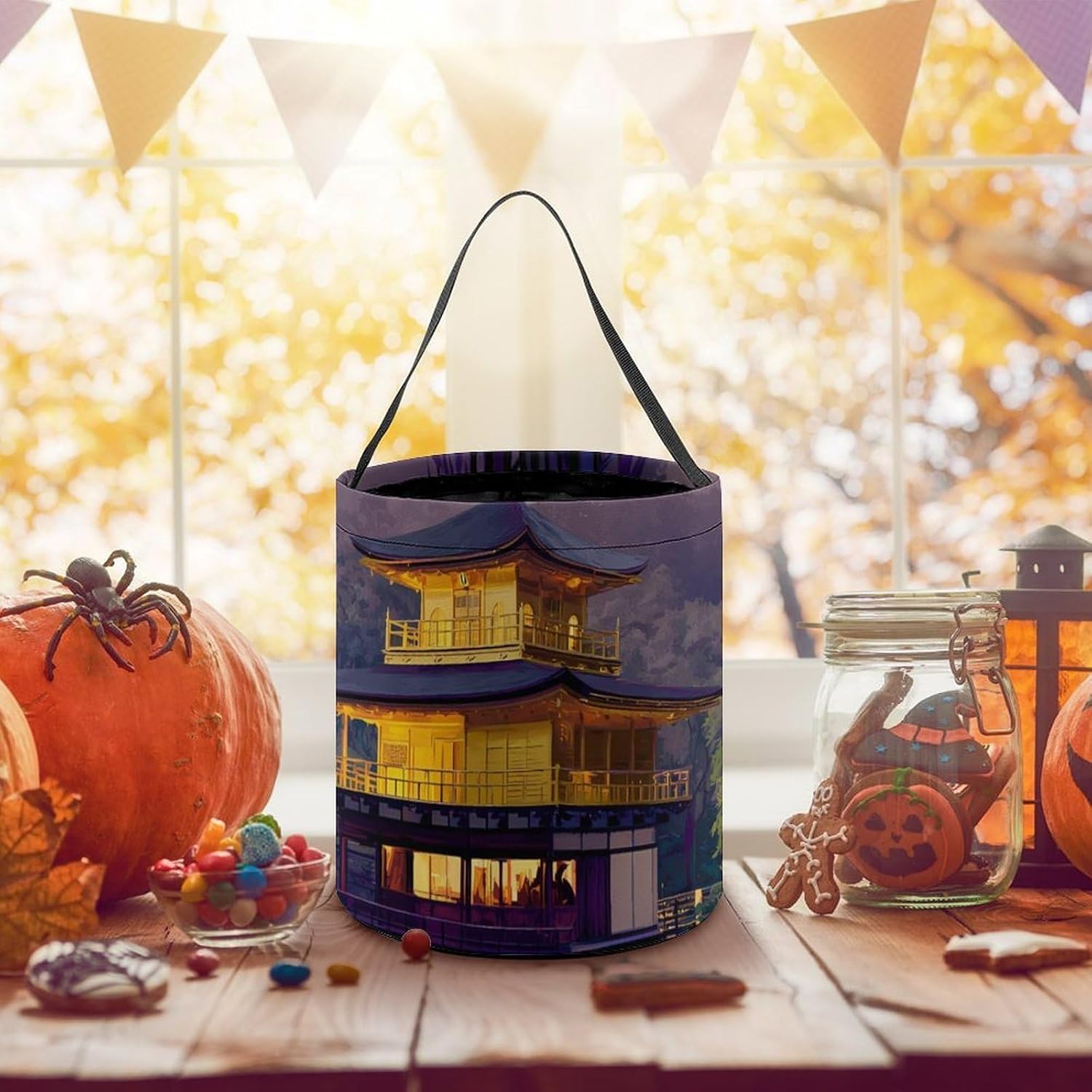 Japanese Temple at Twilight with Mount Fuji Funny Halloween Candy Basket image 3