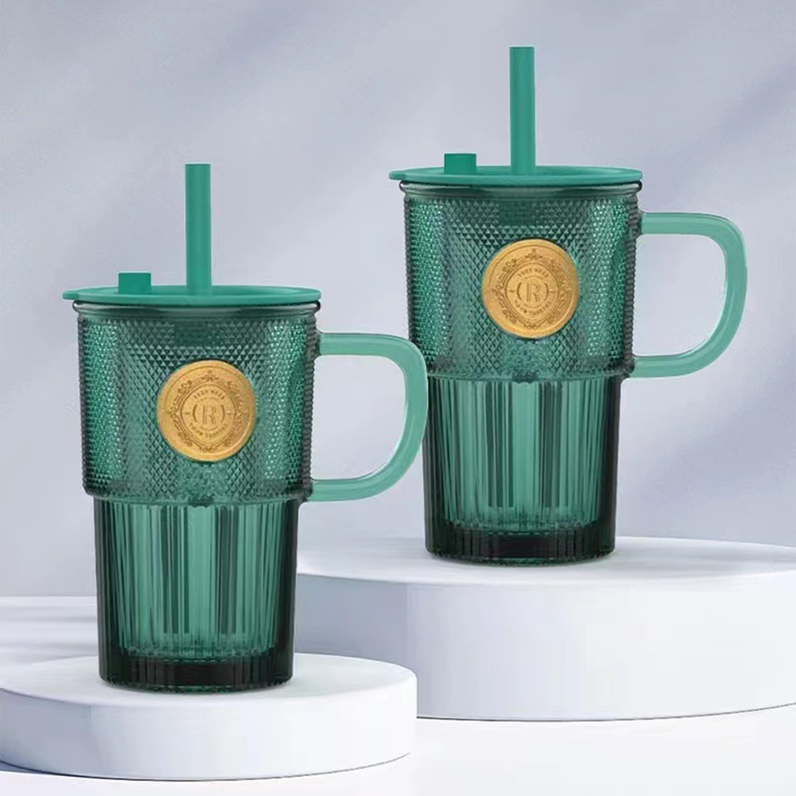 soulnioi Set of 2 430ml Green Glass Tumbler with Straw, Glass Mug with Gold Badge Decor - Image 2