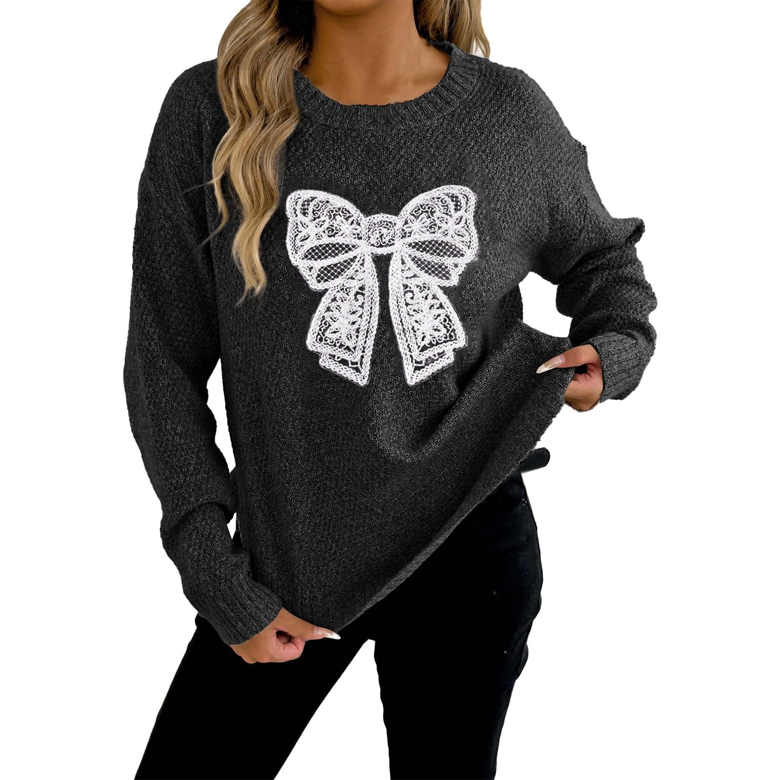 Womens Cozy Sweaters Crew Neck Bow Lace Embroidery Graphic Print Knit Pullover Sweater Fall Winter Casual Tops 2025