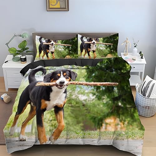 Miniatura 1 de Juego de funda de edredón verde con estampado de cachorro de montaña suiza, tamaño Queen, funda de edredón de microfibra suave y 2 fundas de