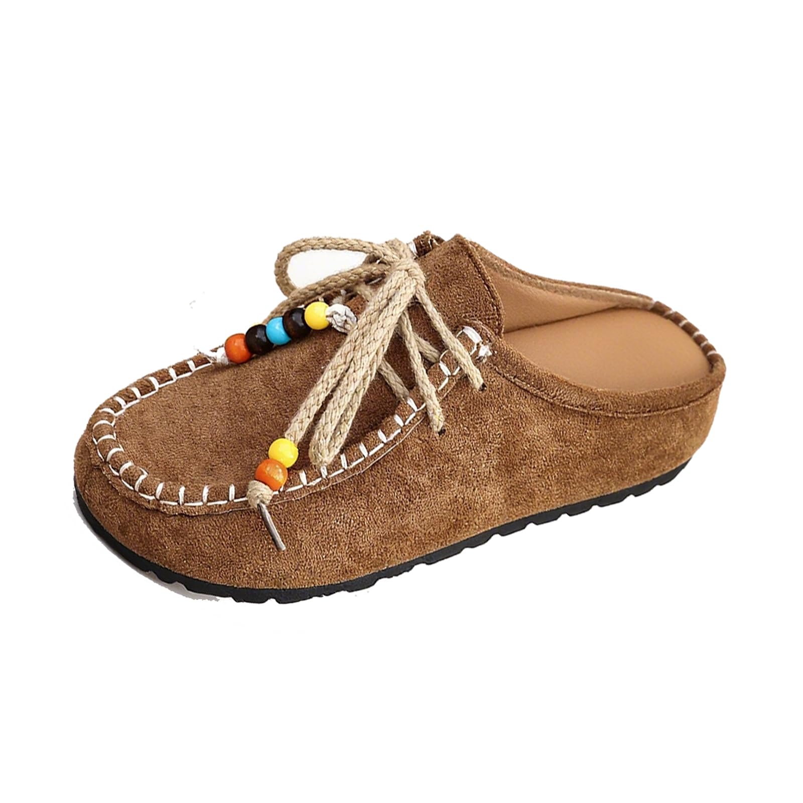 Women's Suede Flat Moccasin Mules with Beaded Casual Comfortable Round Toe Soft Sole Slip On Clogs for Daily Work Anti-Slip Walking Slides