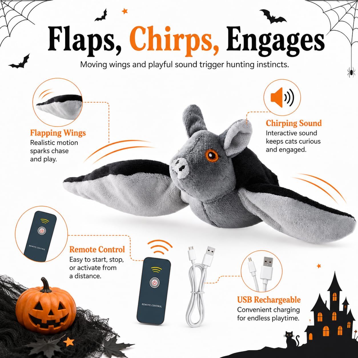 Pealeaf Murciélago Volador para Perros y Gatos, Juguete Interactivo de Peluche Recargable por USB con alas móviles, Hierba gatera y Gancho para perseguir en Interior (3PCS)
