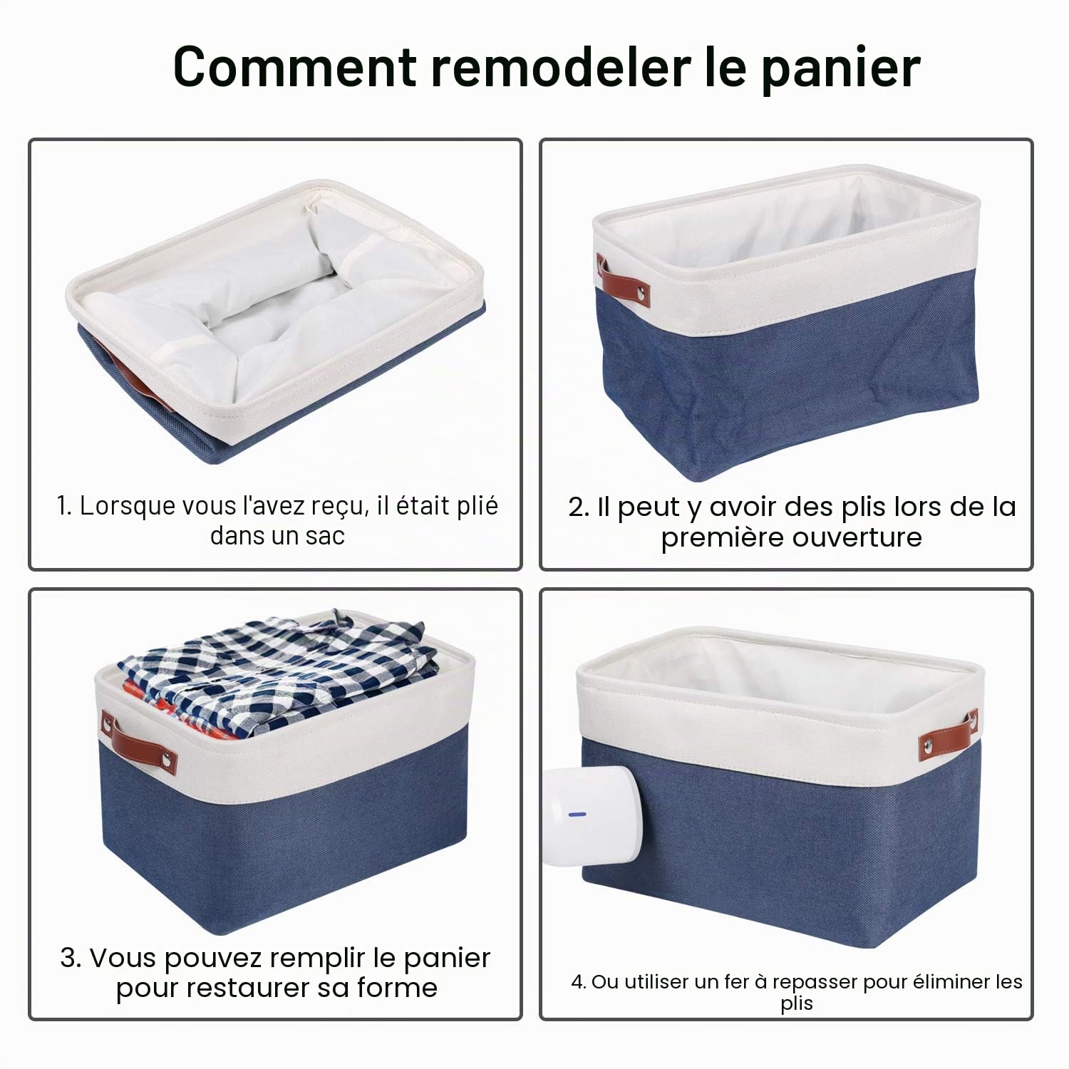Univivi Lot de 4 paniers de rangement rectangulaires en tissu pour étagères, paniers pliables pour le rangement avec fond rigide, boîtes de rangement pour étagères, jouets, bureau,Bleu marine