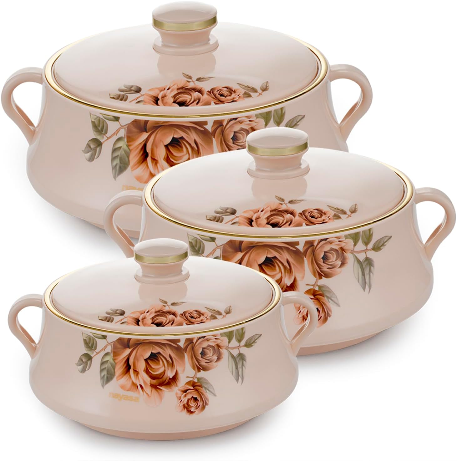 Lorenzo Insulated Inner Stainless Steel Casserole Set of 3 (1000ml, 1500ml, 2000ml) - Beige