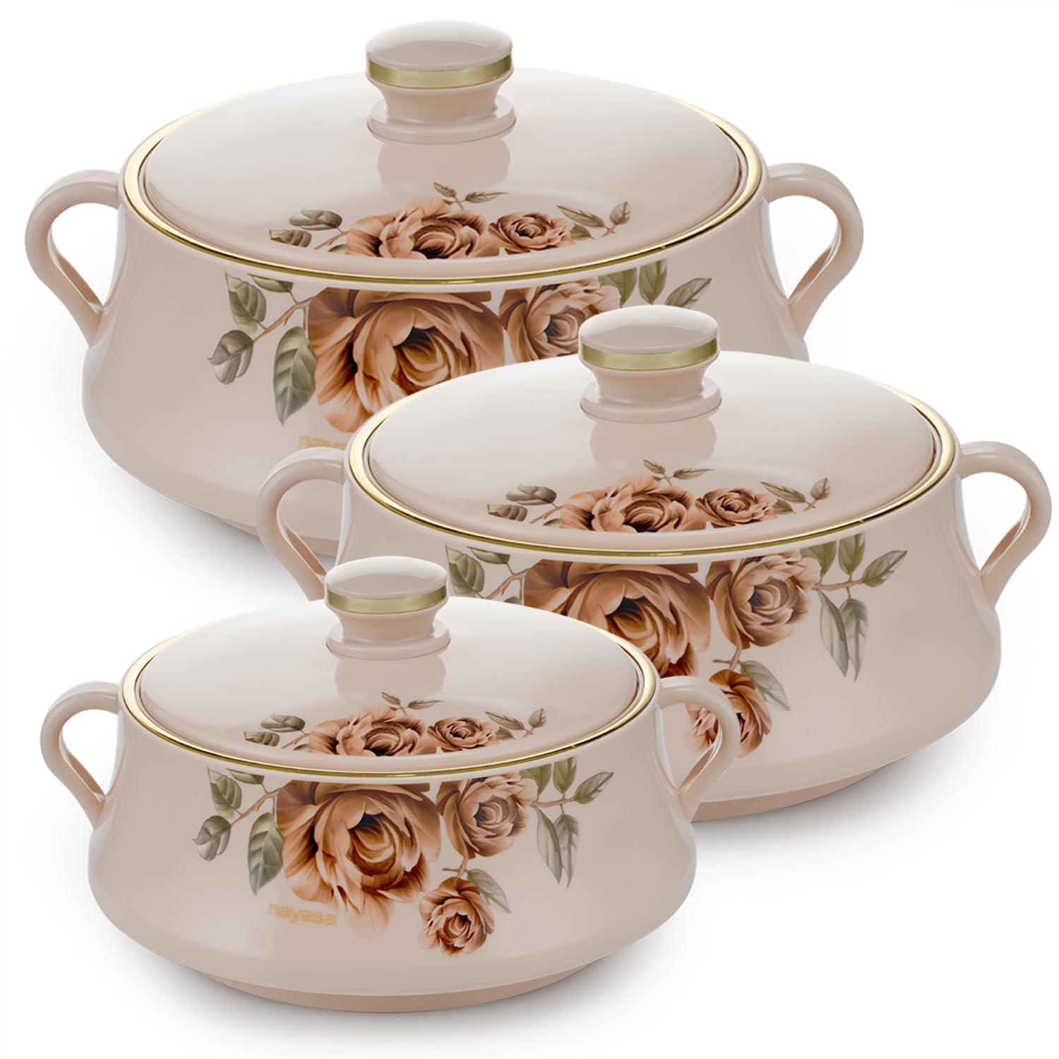 Nayasa Lorenzo Insulated Inner Stainless Steel Casserole Set of 3 (1000ml, 1500ml, 2000ml) - Beige
