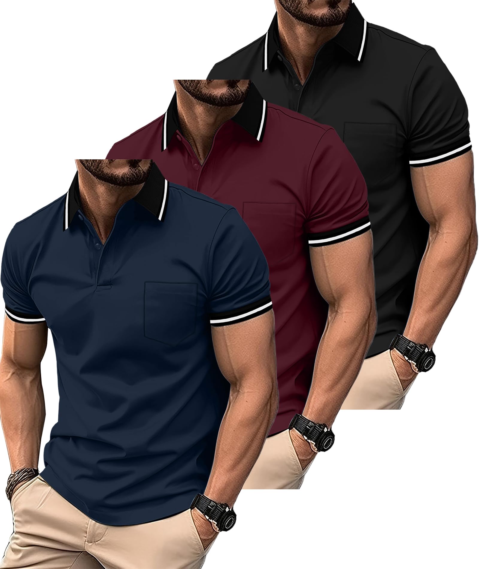 ZITY3 Pack Men Polo Shirts Short Sleeve with Pocket Sport Wicking Shirts for Men Casual Athletic Collared T-ShirtsGlobal Recycled StandardGlobal Recycled StandardGlobal Recycled Standard