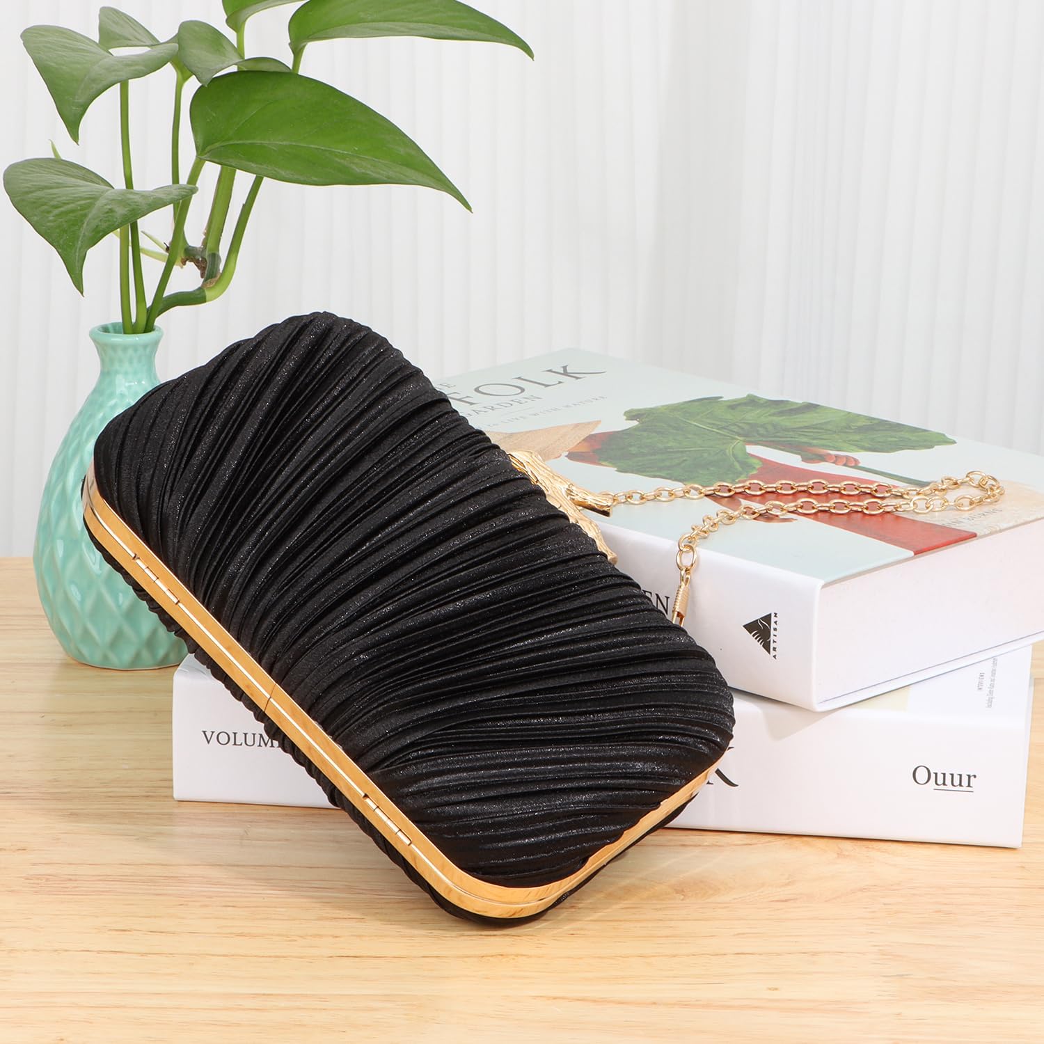 Freie Liebe Clutch Purses for Women Evening Bag Pleated Clutch Bag with Chain for Wedding Party | with Chain, for Wedding Party - Image 2