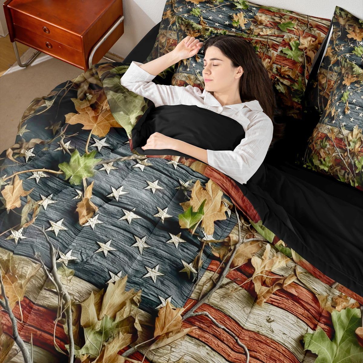 Feelyou Camouflage Camo Comforter Set Queen Size 7 Pieces Vintage American Flag Bedding Set Kids Adult Camo Tree Leaves Forest Bed in a Bag with Comforter, Sheets, Pillowcases, Cushion Covers Decor