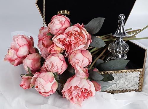 Miniatura 6 de 2 ramos de peonías artificiales, 14 cabezas, flores artificiales de seda con tallos para decoración de bodas, ramo de novia, manualidades, arreglos