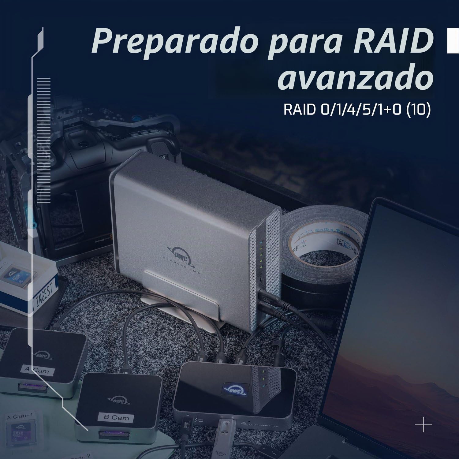 OWC Express 4M2 USB4 Caja 4 Ranuras NVMe M.2 2230/2242/2280 SSD | hasta 3200MB/s | Raid 0/1/4/5/10/JBOD | Compatible Mac/PC | Aluminio | Silencioso | Cable USB-C Incluido | Sin SSD