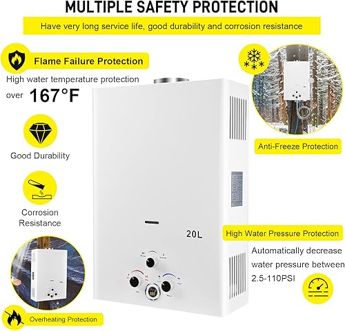 Vista 38 de Calentador de agua de propano sin tanque, 5.26 GPM 20L, calentador de agua caliente instantáneo de gas portátil para exteriores, con pantalla Negro