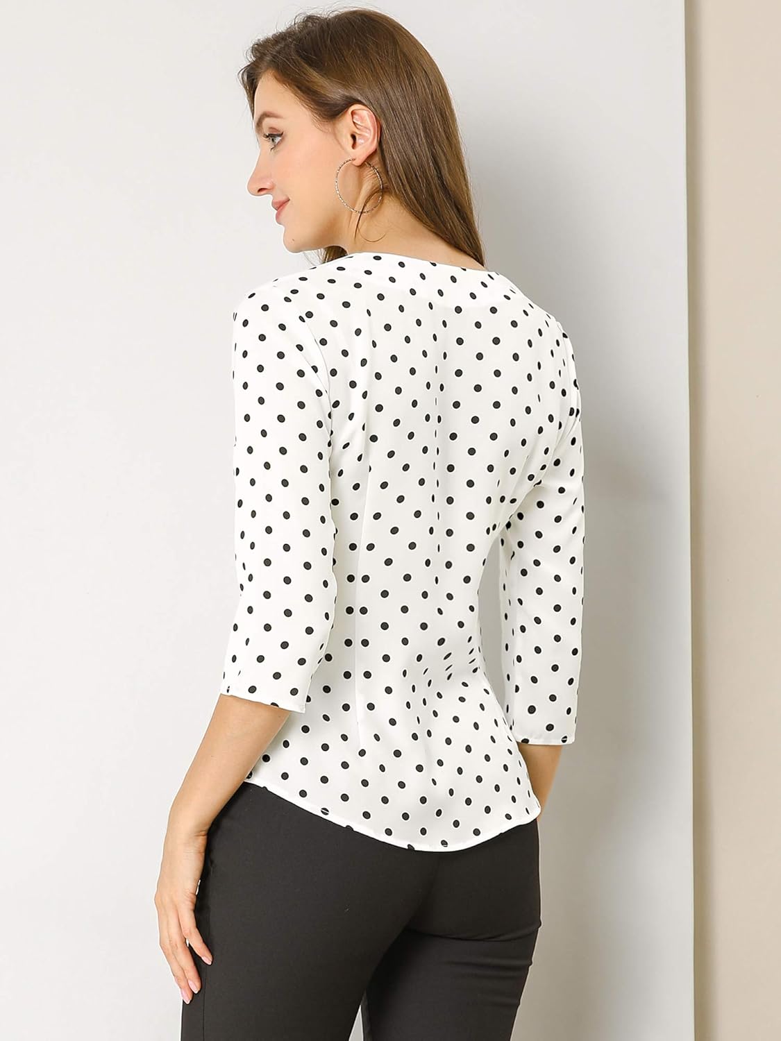 Allegra K Women's Vintage Polka Dots 3/4 Sleeve Button Front V Neck Casual Office Blouse Top - Image 5