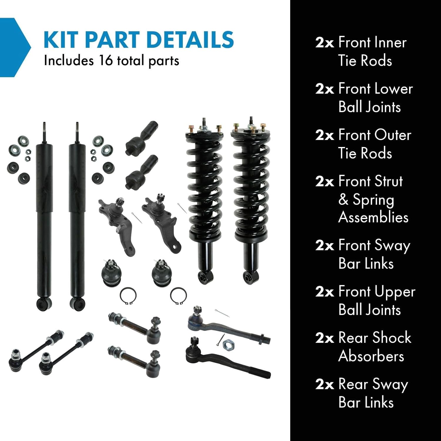 TRQ Strut Assemblies Ball Joints Tie Rods Sway Links & Shock Absorber Kit Set Compatible with 1996-2002 Toyota 4Runner