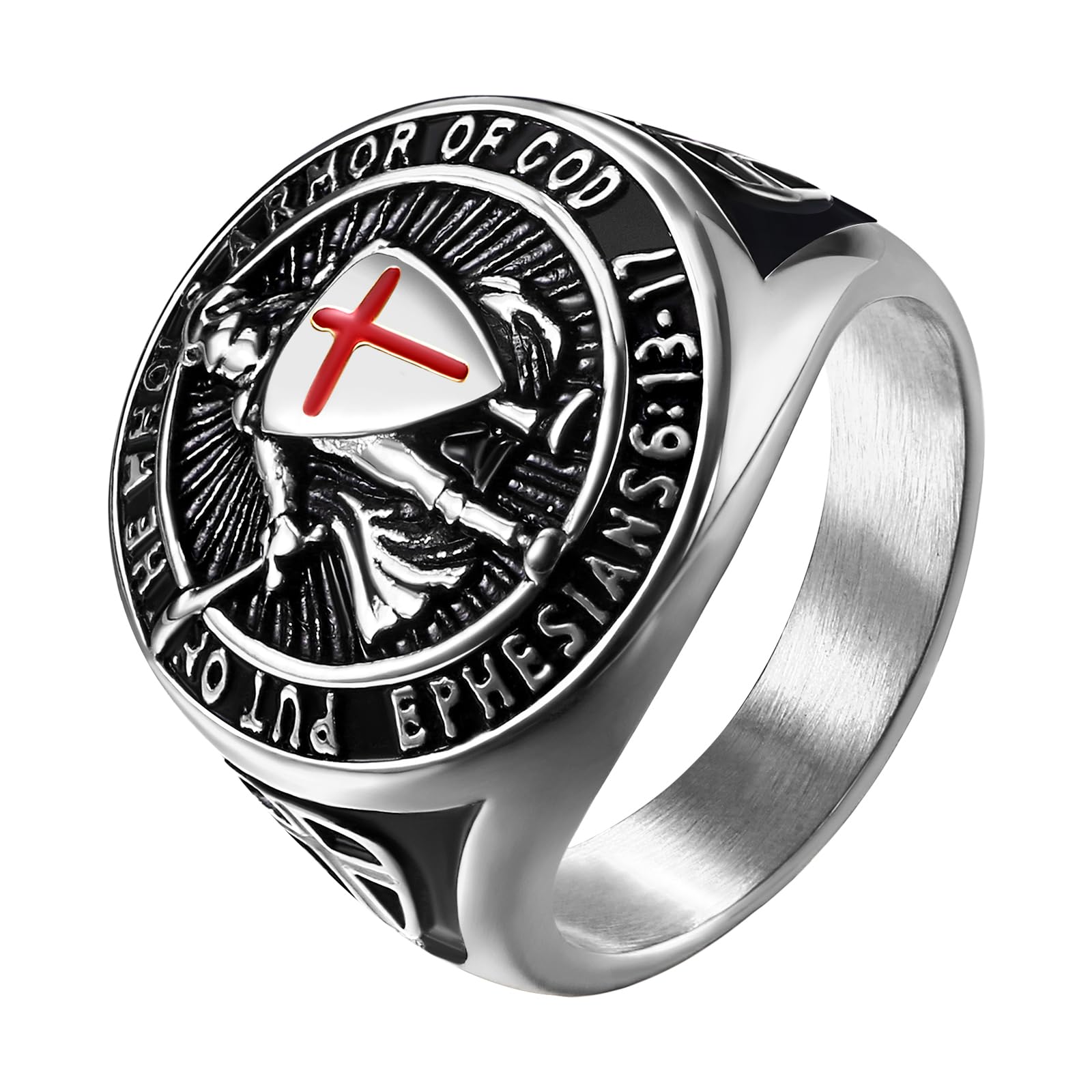 Flongo Bague Homme Chevalière Saint-Michel: Bague Chevalière Acier Inoxydable avec Inscription et Bouclier Style Biker Motard Amulette Protectrice Bijoux Religieux - Cadeau Homme Anniveraire