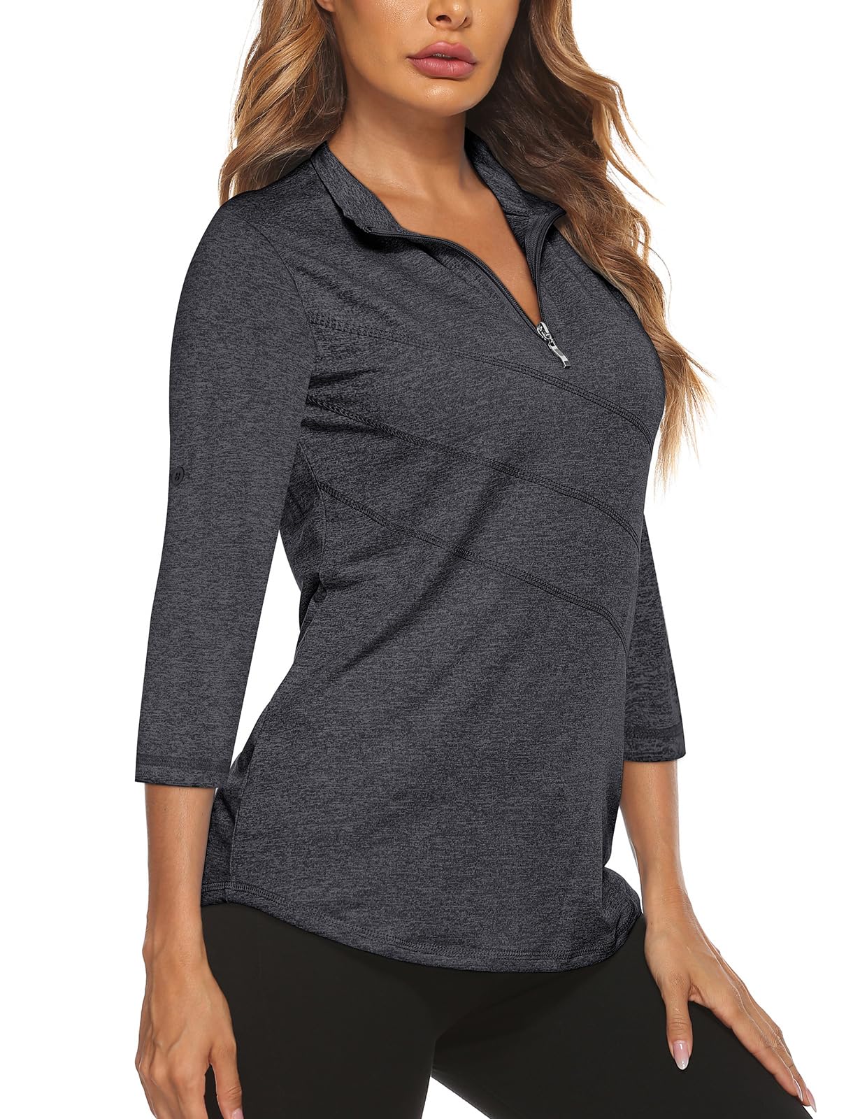 Koscacy Women's 3/4 Roll Sleeve Golf Tennis Polo Shirts UPF50+ Half Zip Dry Fit Workout Tops Athletic Shirt