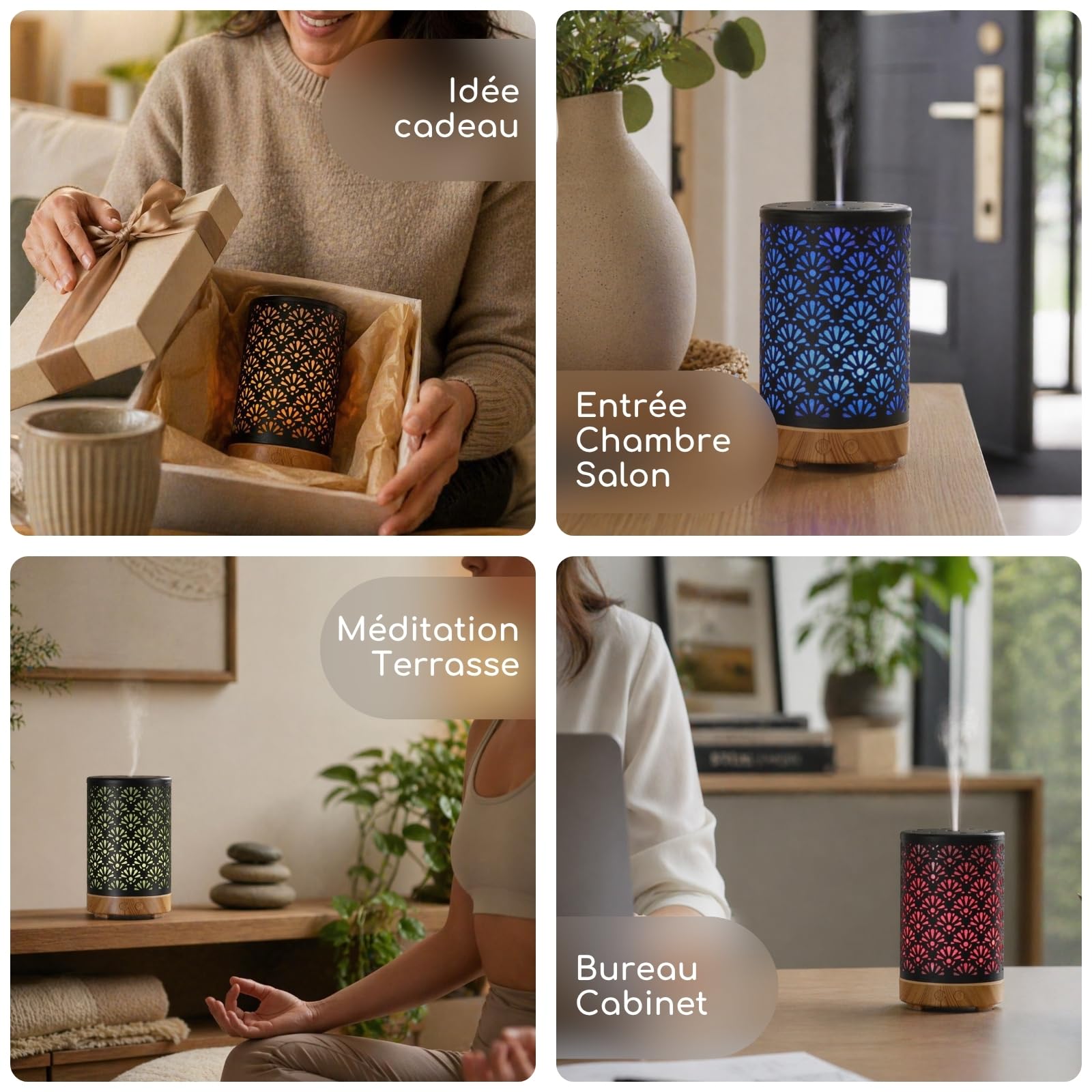 Zen’Arôme Diffuseur Ultrasonique Aromathérapie Sofia - Diffusion Huile Essentielle à Froid - Diffuseur Électrique avec Télécommande - Éclairage Led Personnalisable – Coque en Métal avec Décor Original