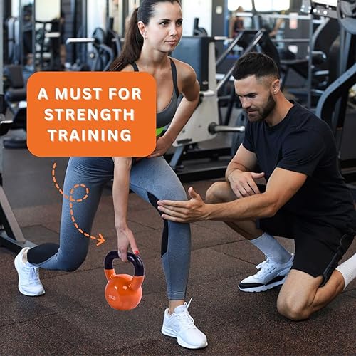 Miniatura 6 de BESEA Pesa rusa recubierta de vinilo naranja de 20 a 45 libras, mango de agarre ancho, base plana estable, entrenamiento de fuerza, campanas de