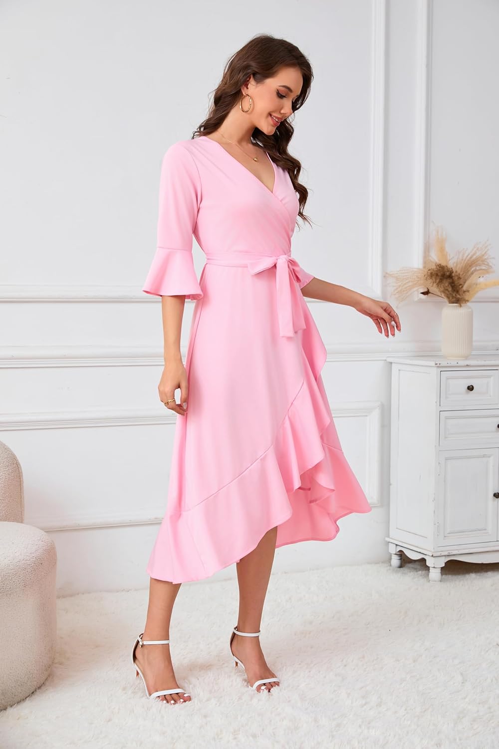 Women's V Neck Bell Sleeve Wrap Midi Dress High Low Split Ruffle Dress with Belt - Image 3