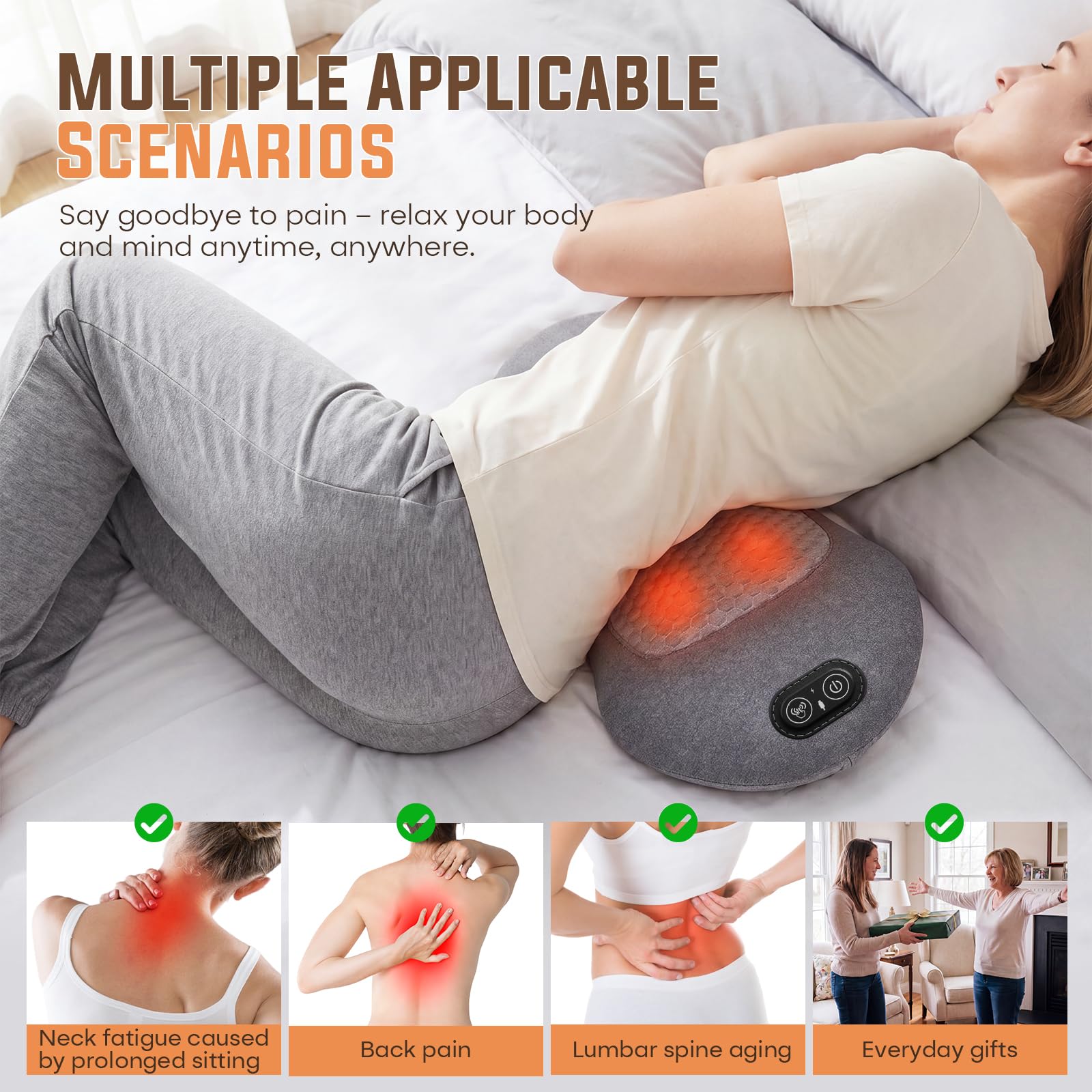 3-in-1 Ergonomisches Rückenmassagegerät, Wärme, Vibration,Zug,back massager | Dieses Massagegerät rücken mit Zugfunktion, Vibration & Wärmefunktion, Vielseitiges Massagekissen für Zuhause, Büro und Auto