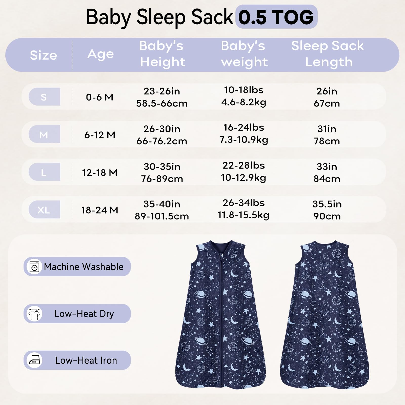 Unnivoll Baby Sleeping Bag 0.5 Tog 0-24 Months Sleep Sack 100% Cotton Baby Sleep Bag Wearable Blanket for Newborn Infant