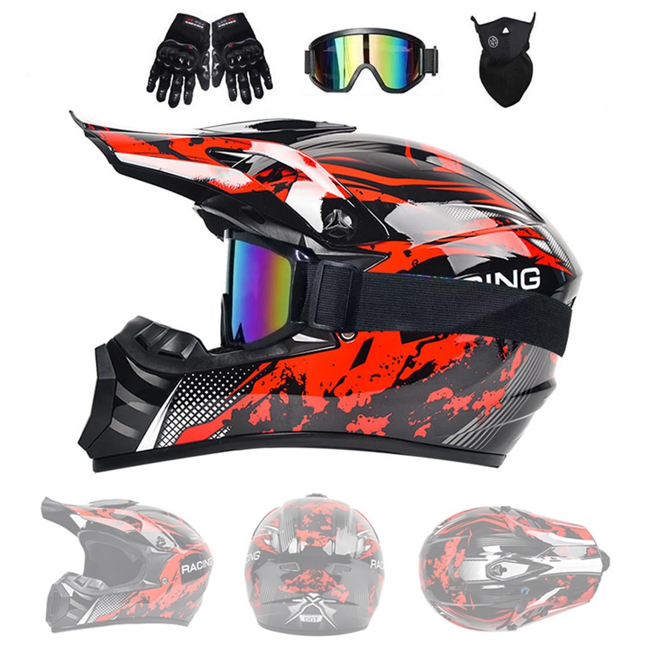 Kask motocrossowy unisex z maską rękawiczek gogli | Full Face Off Road Street Racing MTB, młodzieżowy kask rowerowy Enduro Downhill ATV Quad Dirt Bike